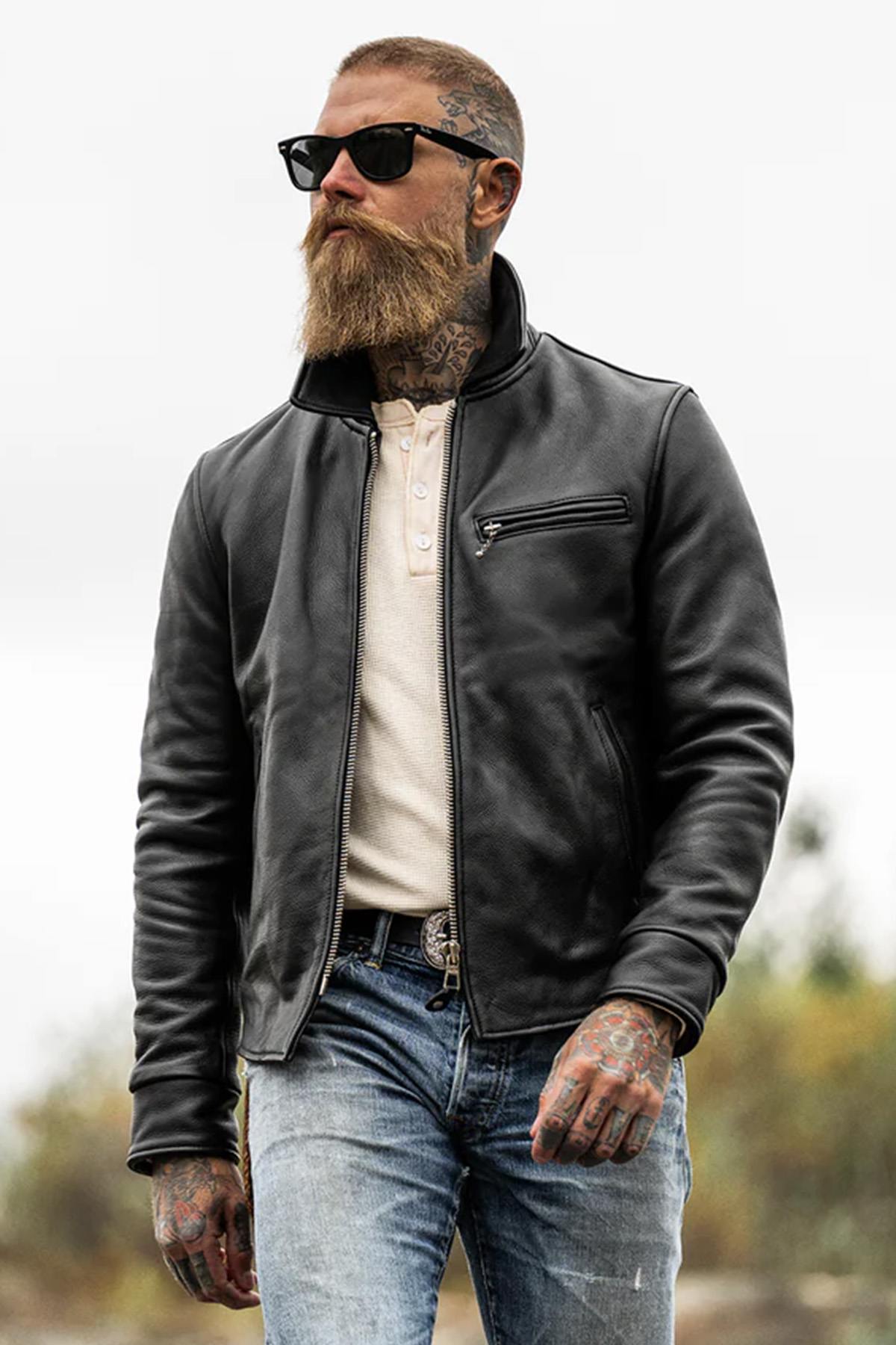 Black thick leather jacket with shirt collar - Image n°1