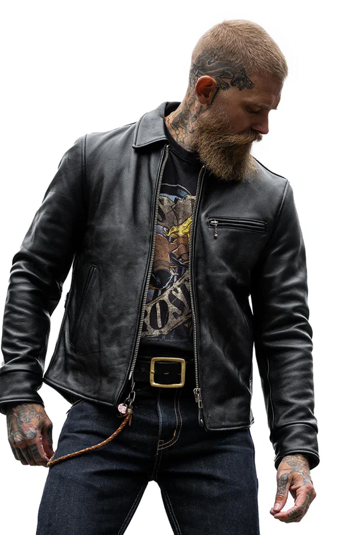 Black thick leather jacket with shirt collar - Image n°10