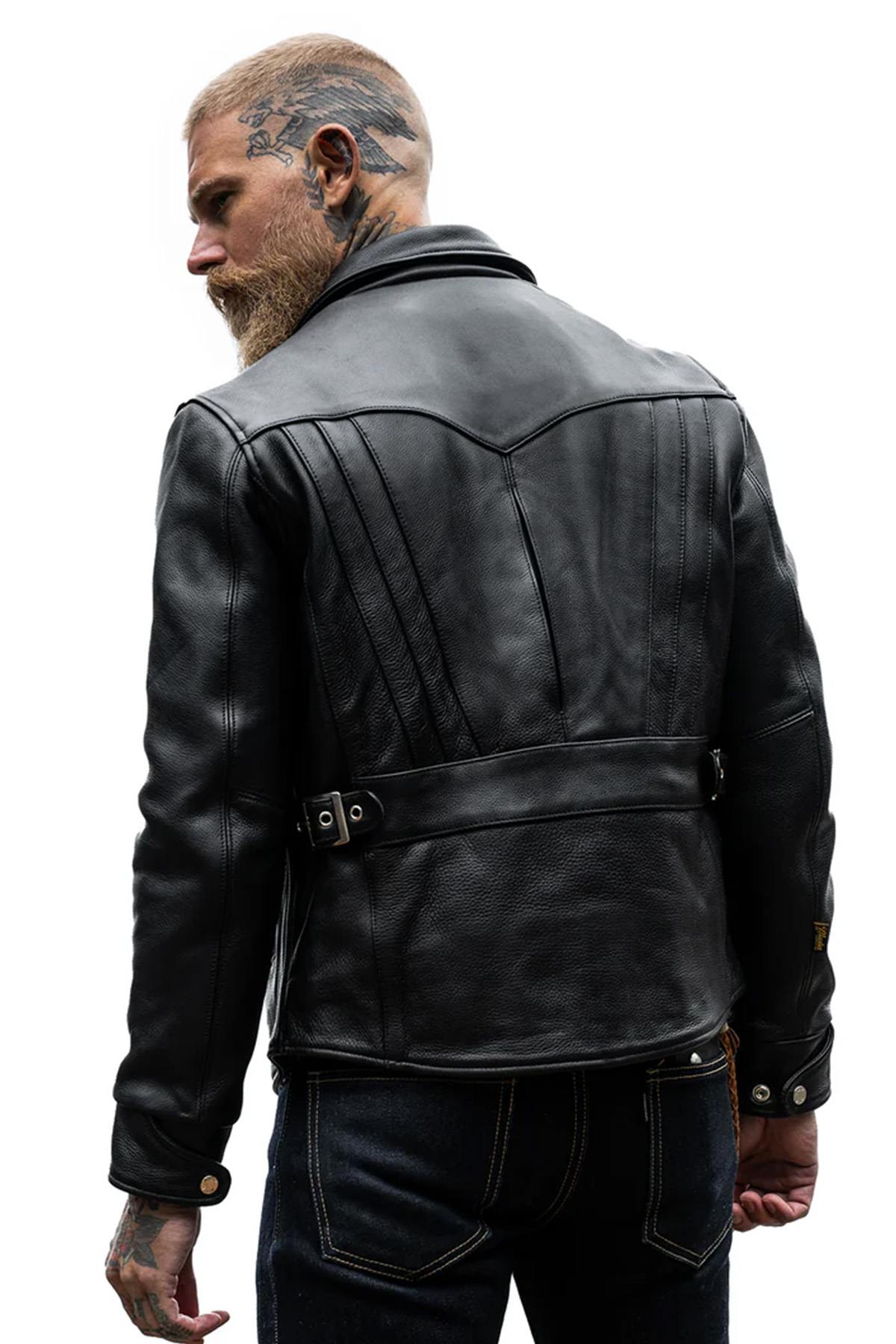 Black thick leather jacket with shirt collar - Image n°3