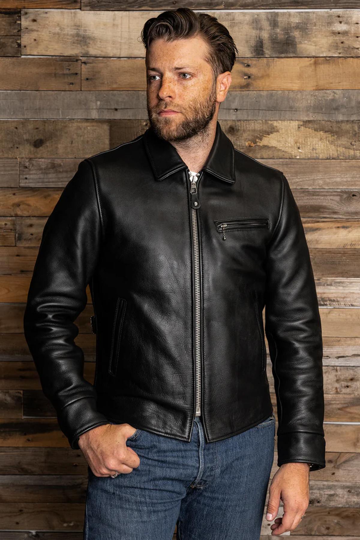 Black thick leather jacket with shirt collar - Image n°14