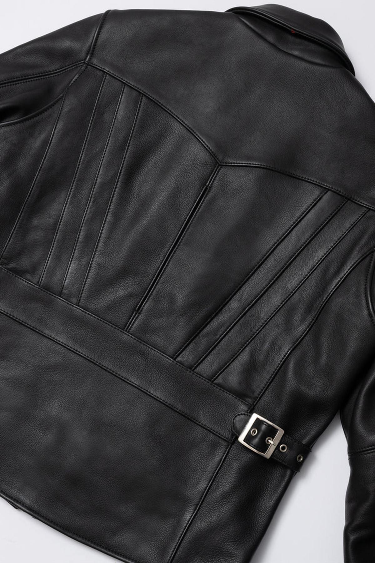 Black thick leather jacket with shirt collar - Image n°9