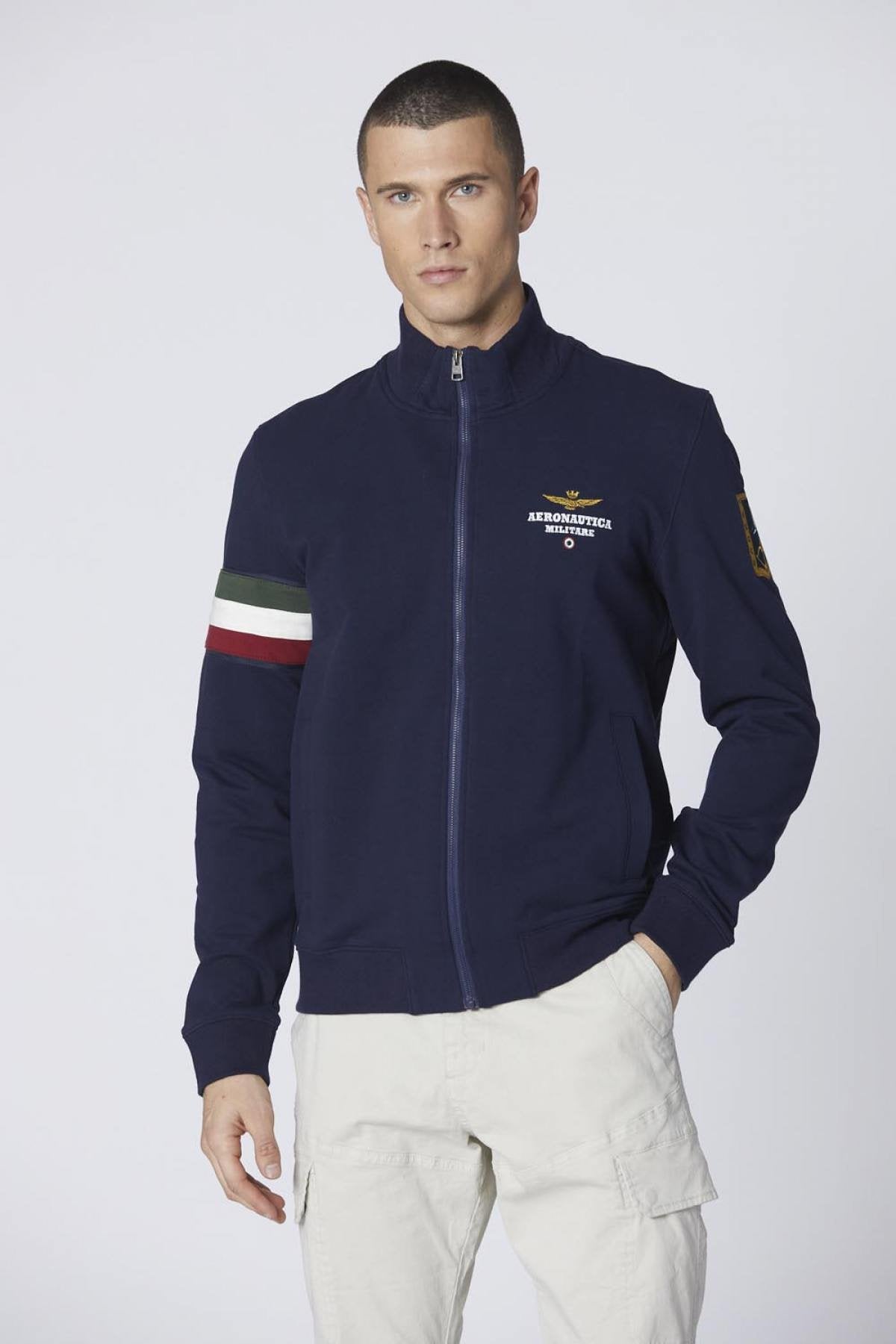 Dark blue cotton zipped sweatshirt with tricolor insert - Image n°1