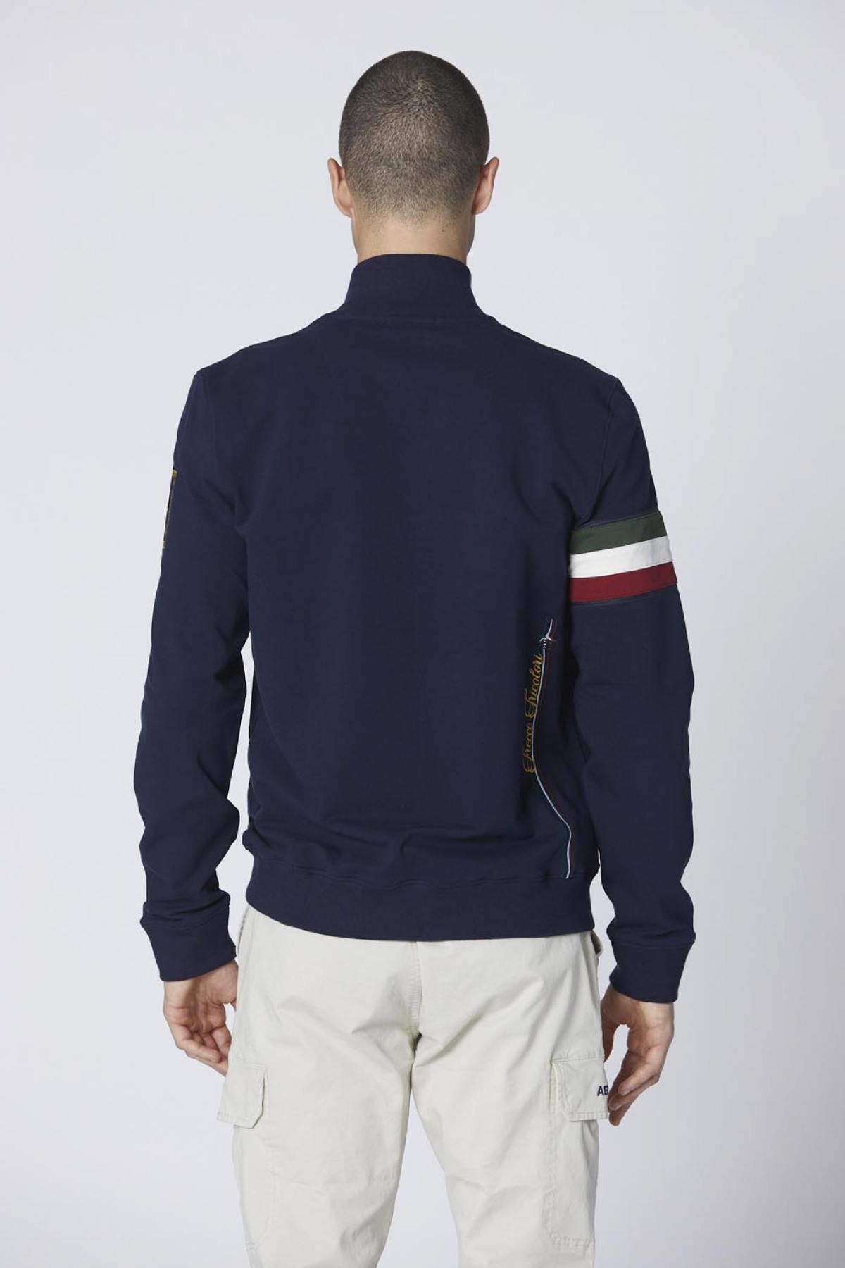 Dark blue cotton zipped sweatshirt with tricolor insert - Image n°2