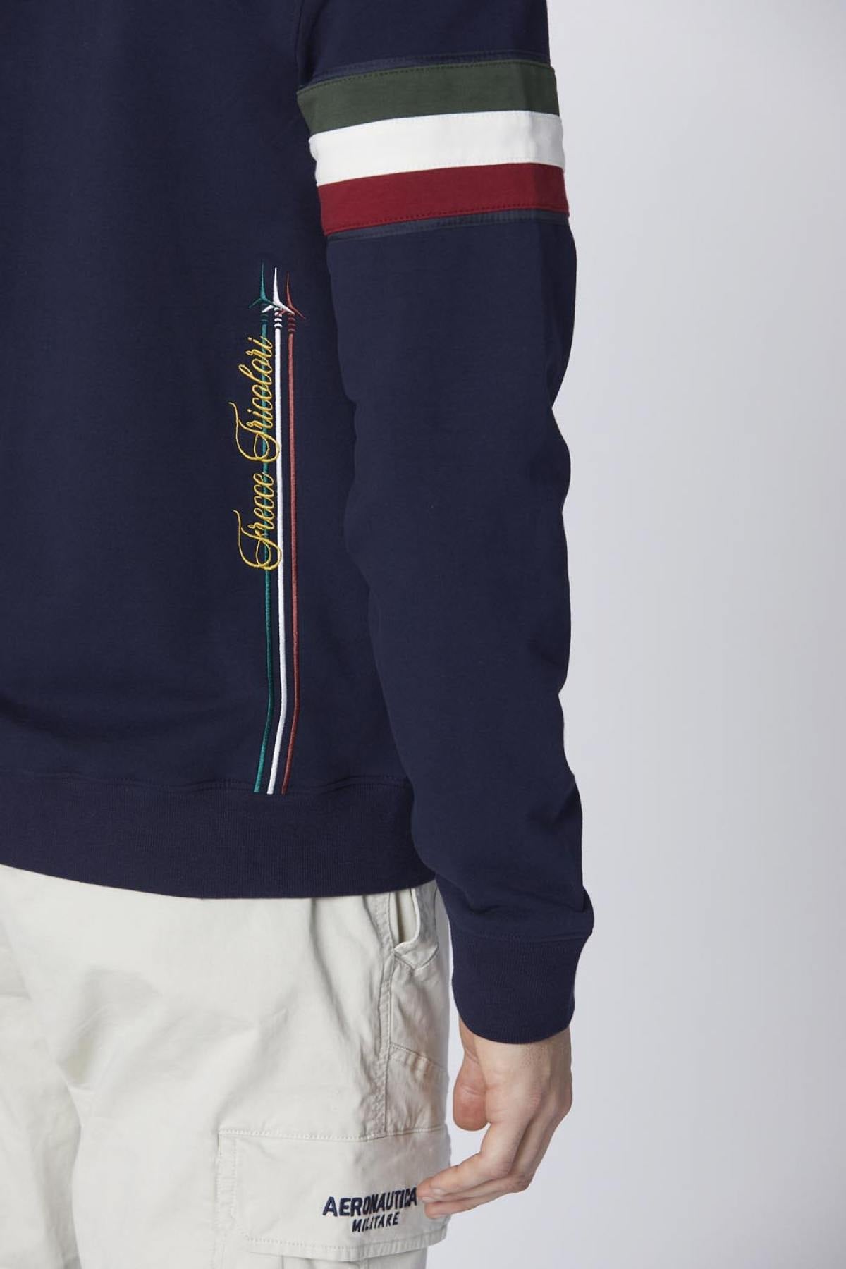 Dark blue cotton zipped sweatshirt with tricolor insert - Image n°3