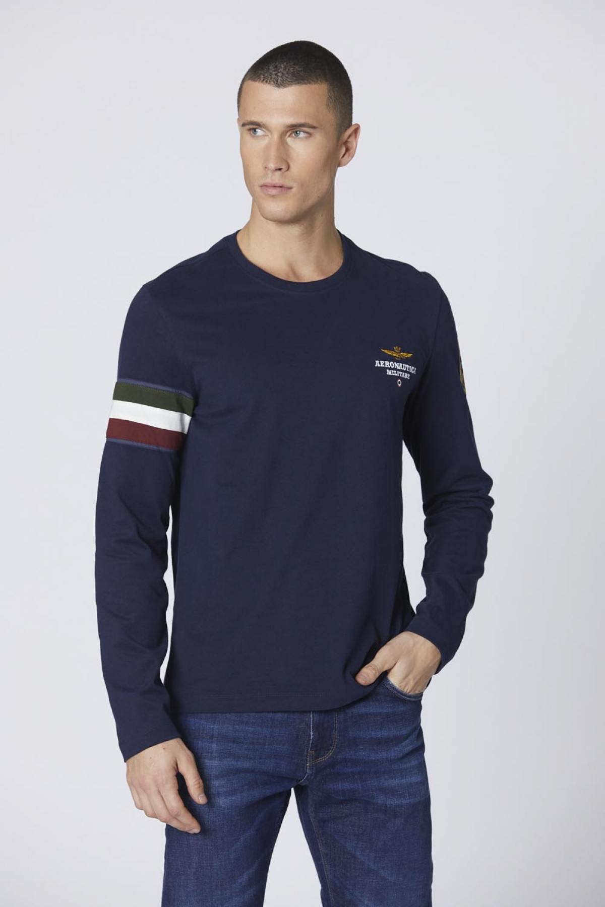 Dark blue long-sleeved T-shirt with tricolor insert - Image n°1