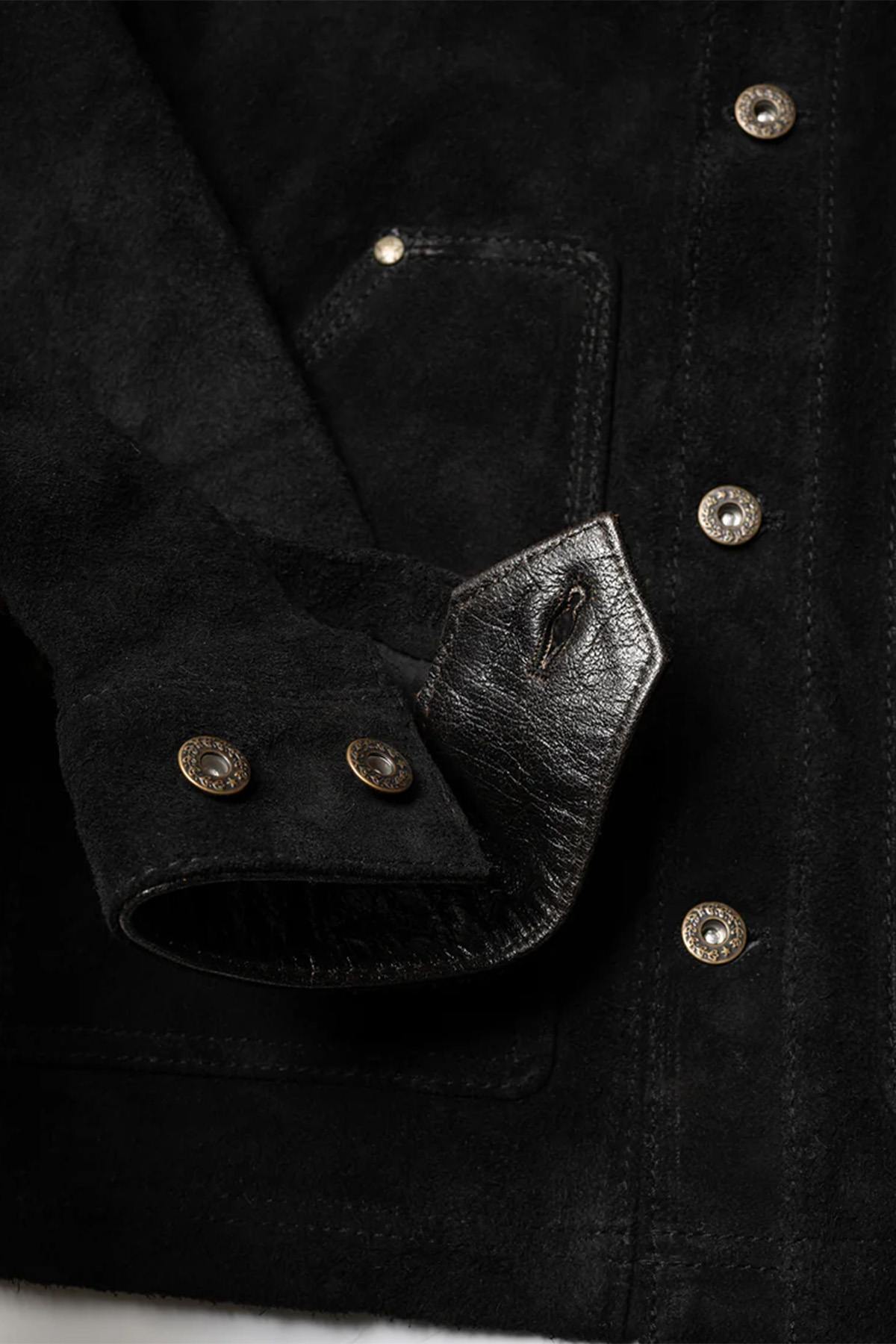 Black leather work jacket with velvet look - Image n°9