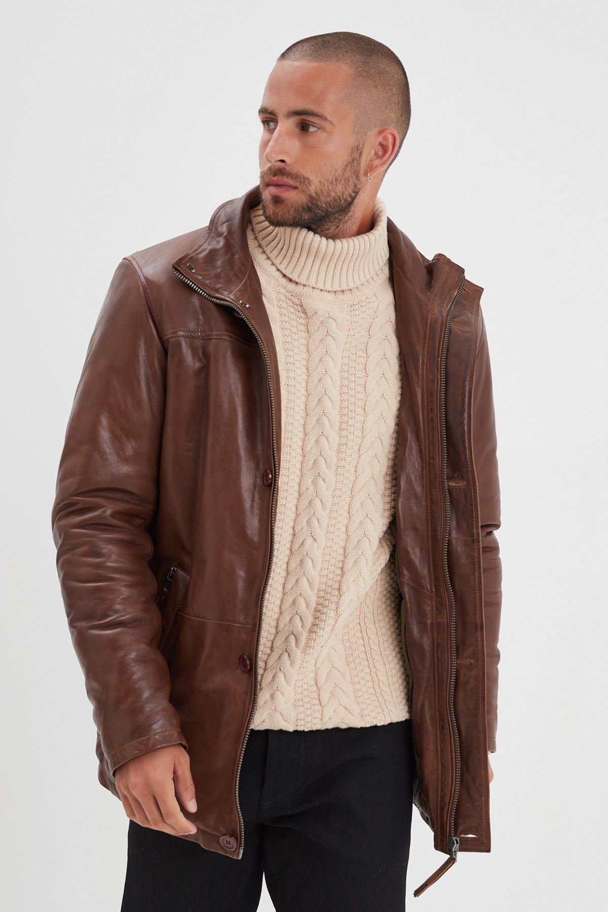 Mid-length bison-colored leather jacket with quilted facing - Image n°8