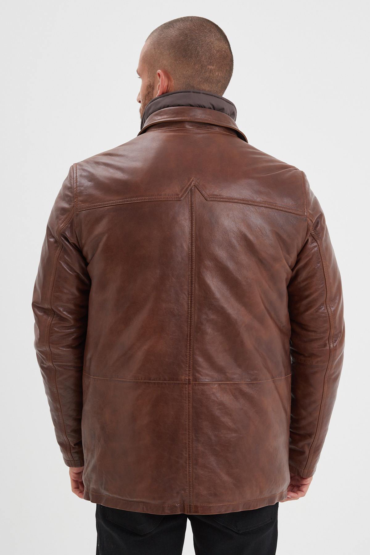 Mid-length bison-colored leather jacket with quilted facing - Image n°3