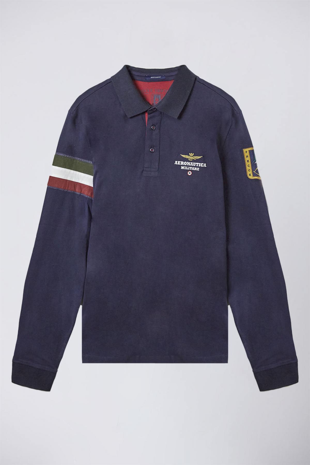 Dark blue jersey polo shirt with tricolor insert - Image n°6