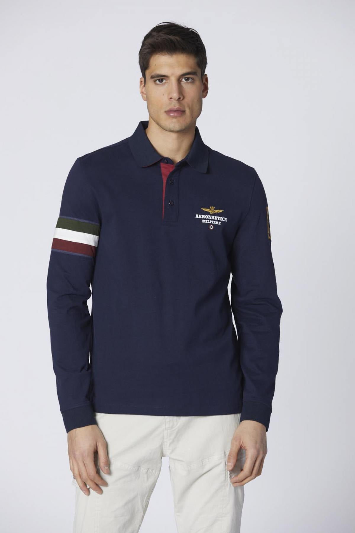 Dark blue jersey polo shirt with tricolor insert - Image n°1