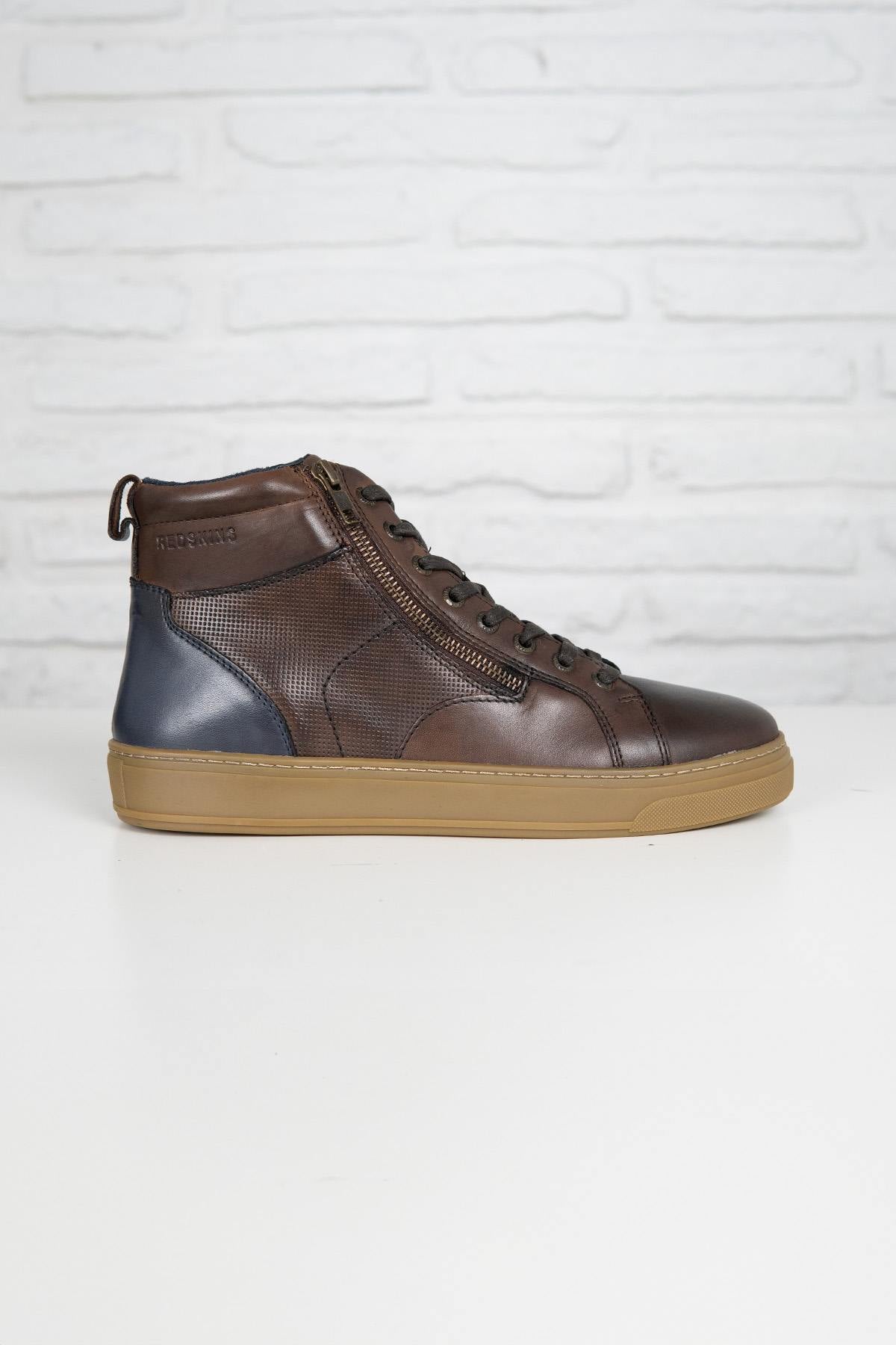 Chestnut and navy leather high-top sneakers - Image n°3