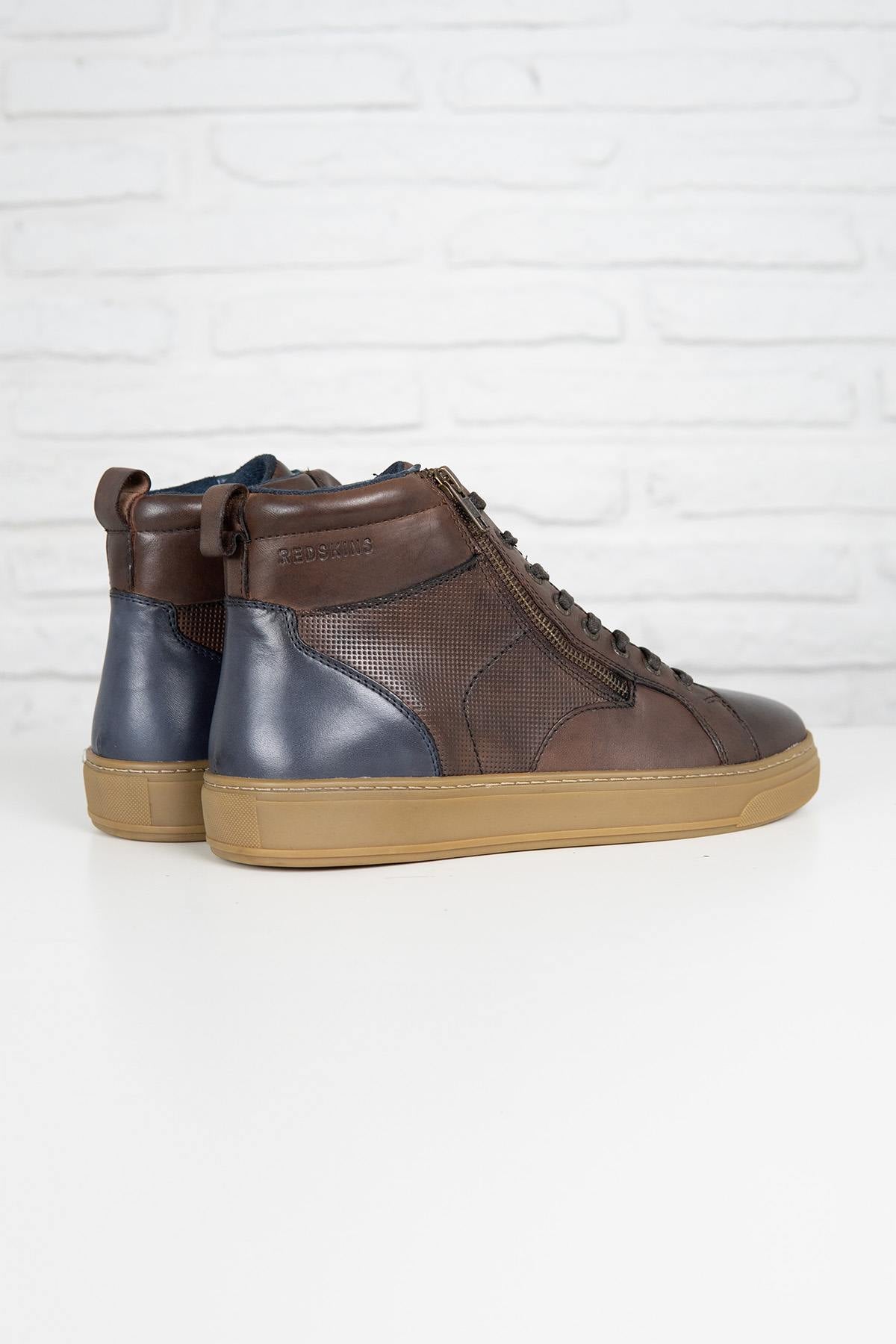 Chestnut and navy leather high-top sneakers - Image n°2