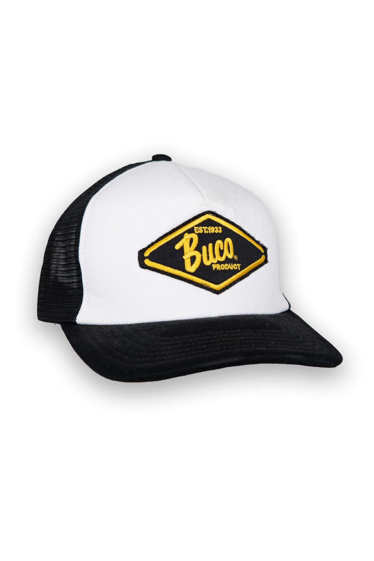 White and black trucker cap with black and yellow diamond logo - Image n°1