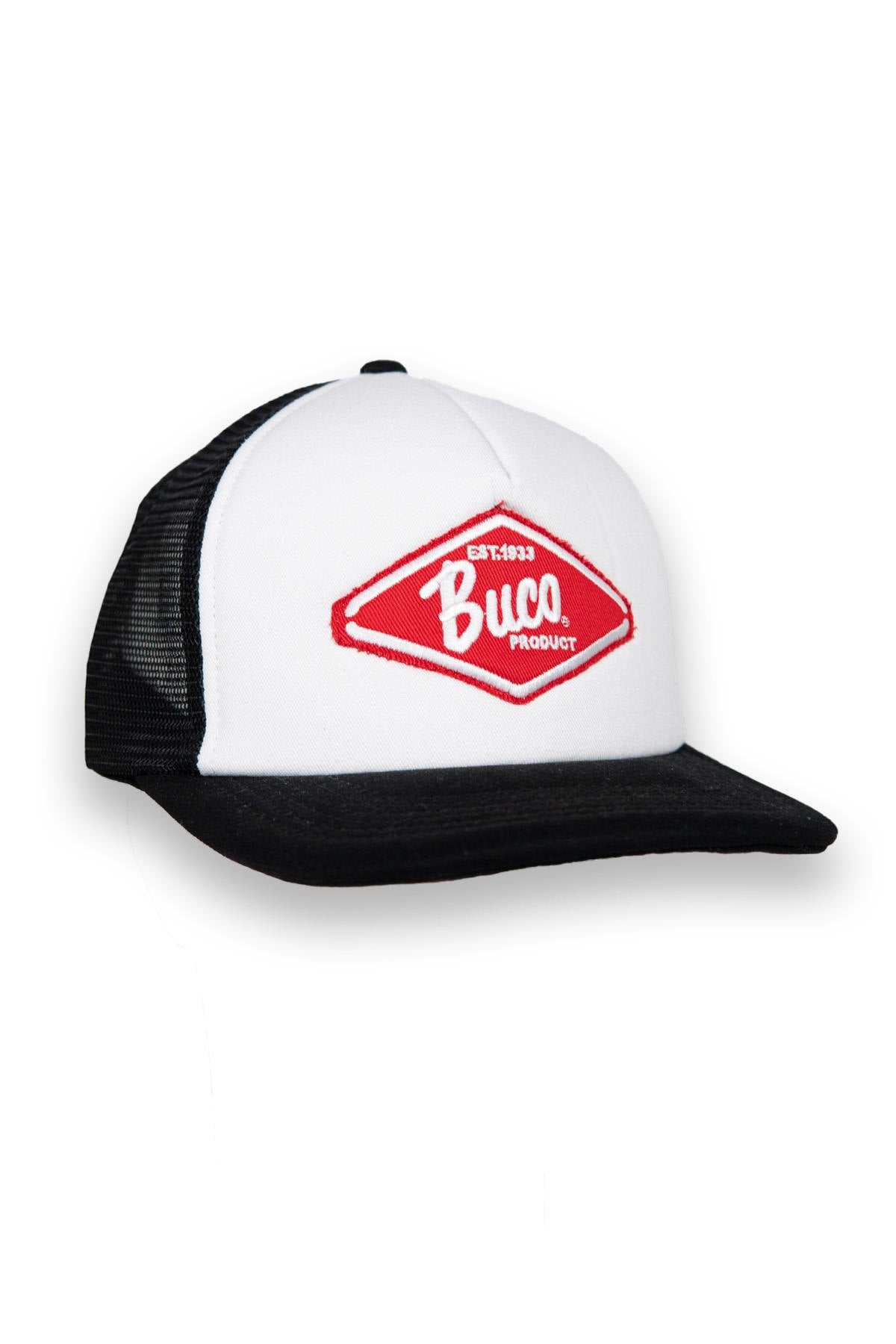 White and black trucker cap with red and white diamond logo - Image n°1