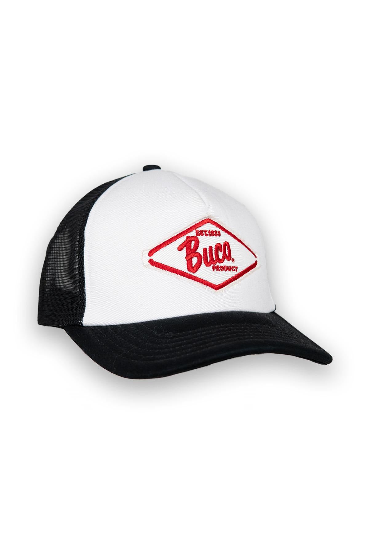 White and black trucker cap with white and red diamond logo - Image n°1