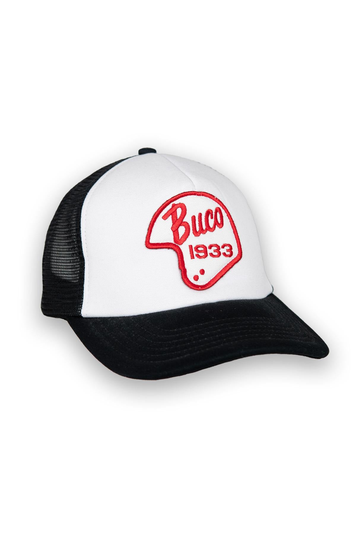 White and black trucker cap with white and red helmet logo - Image n°1