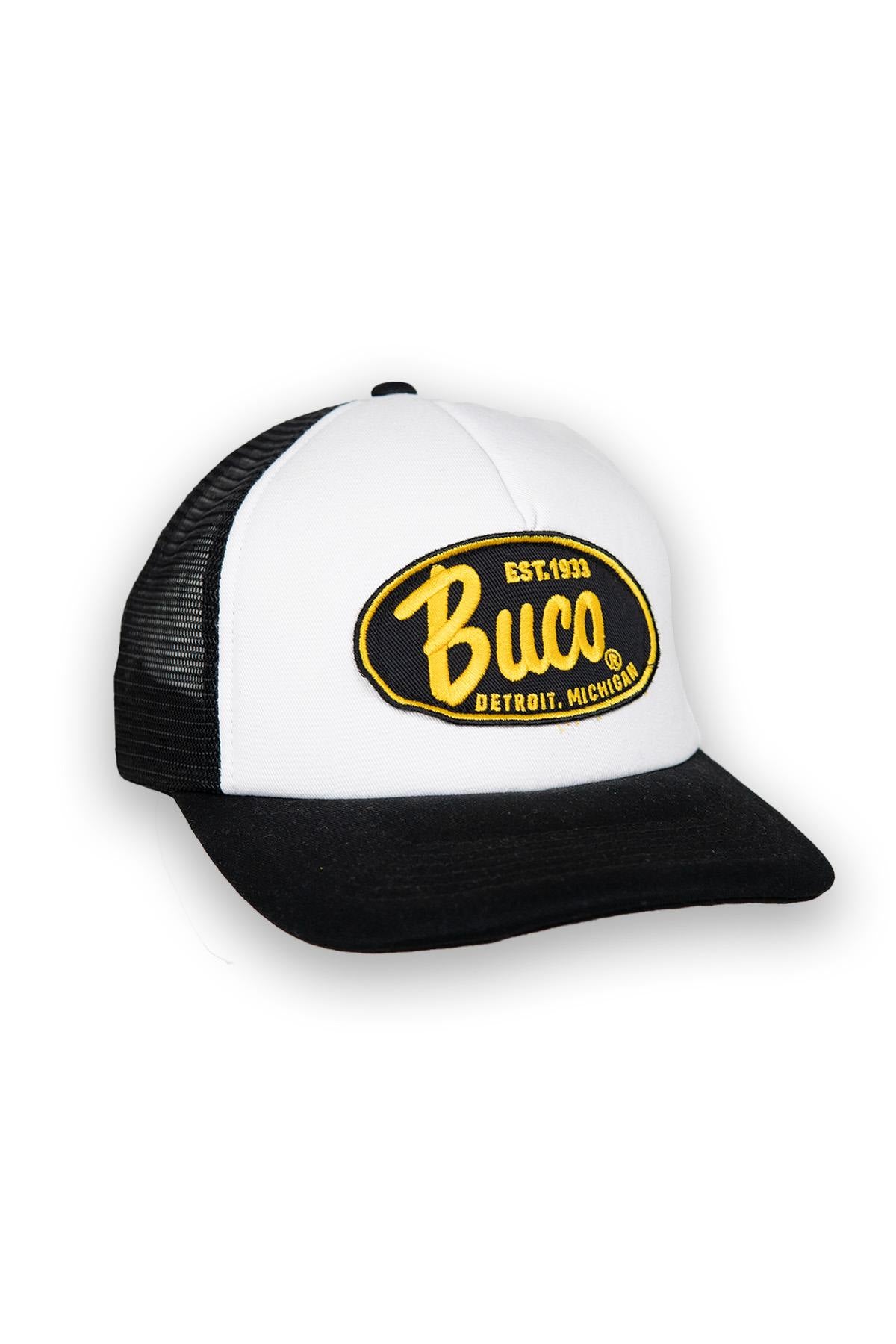 White and black trucker cap with black and yellow logo - Image n°1