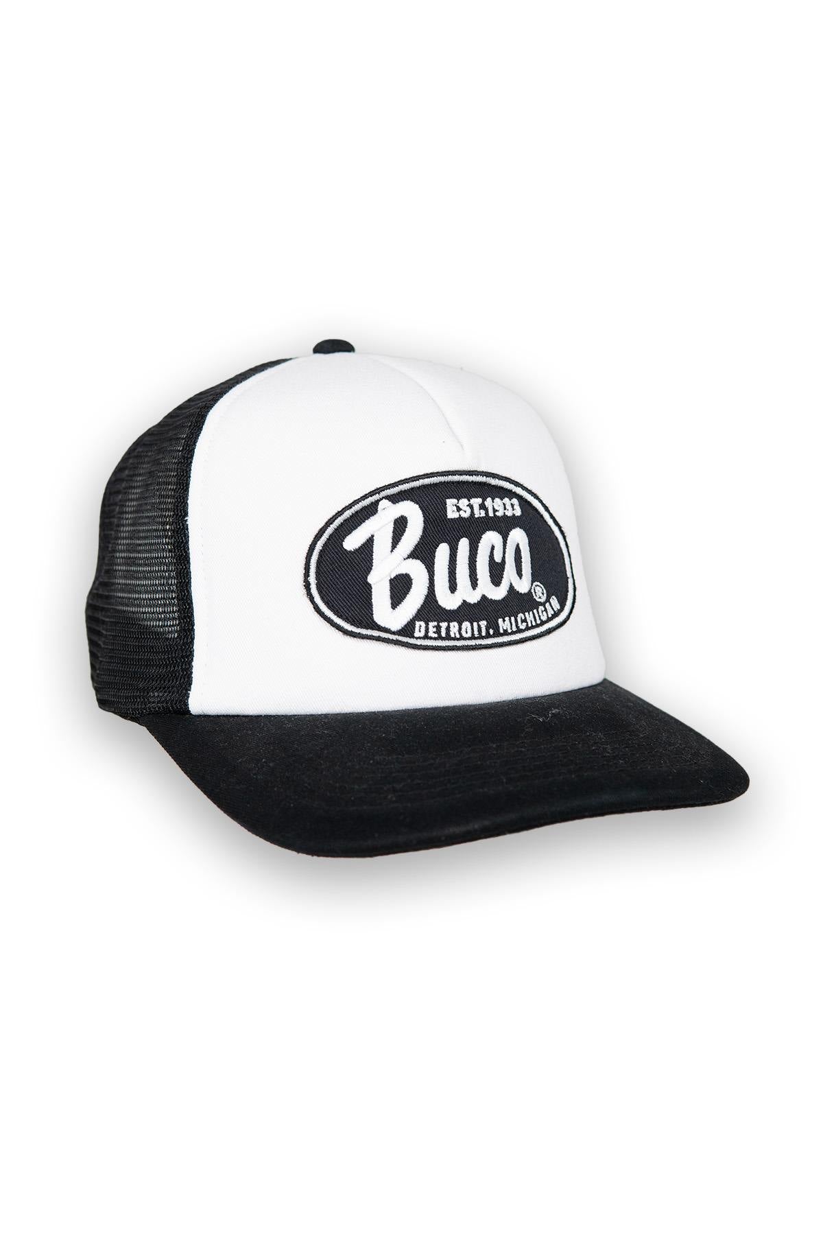 White and black trucker cap with black and white logo - Image n°1