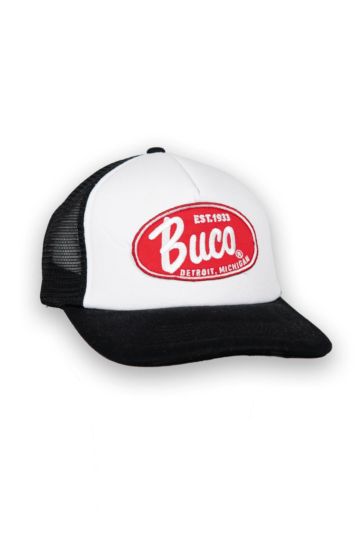 White and black trucker cap with red and white logo - Image n°1