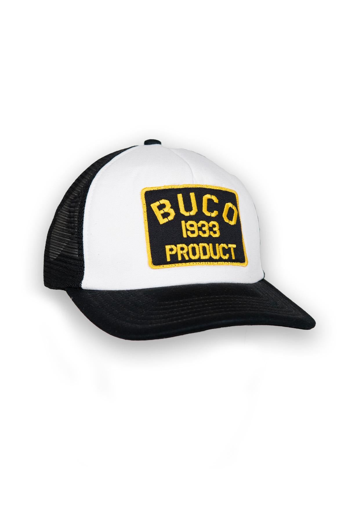 White and black trucker cap with black and yellow Product logo - Image n°1