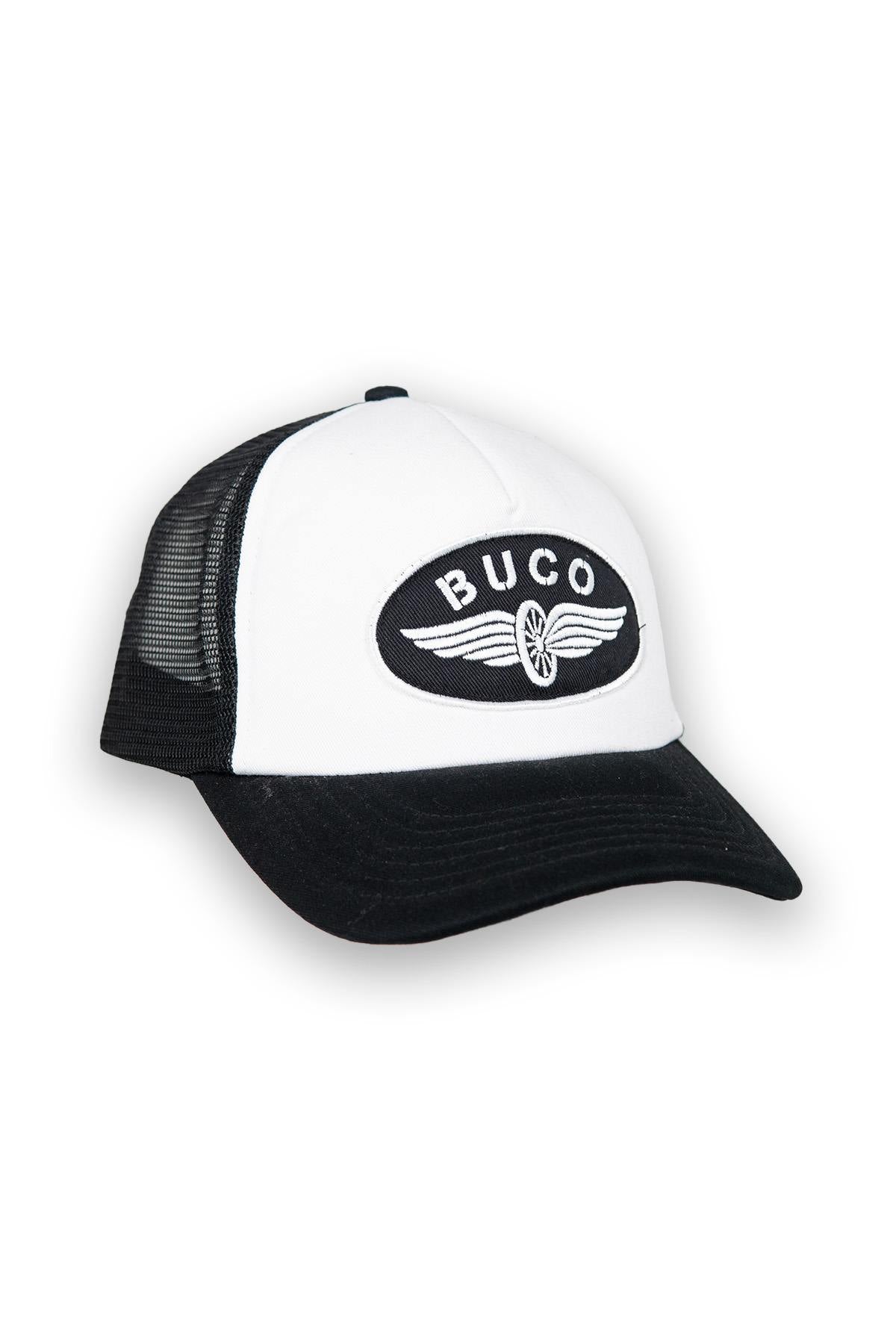 White and black trucker cap with black and white winged wheel logo - Image n°1