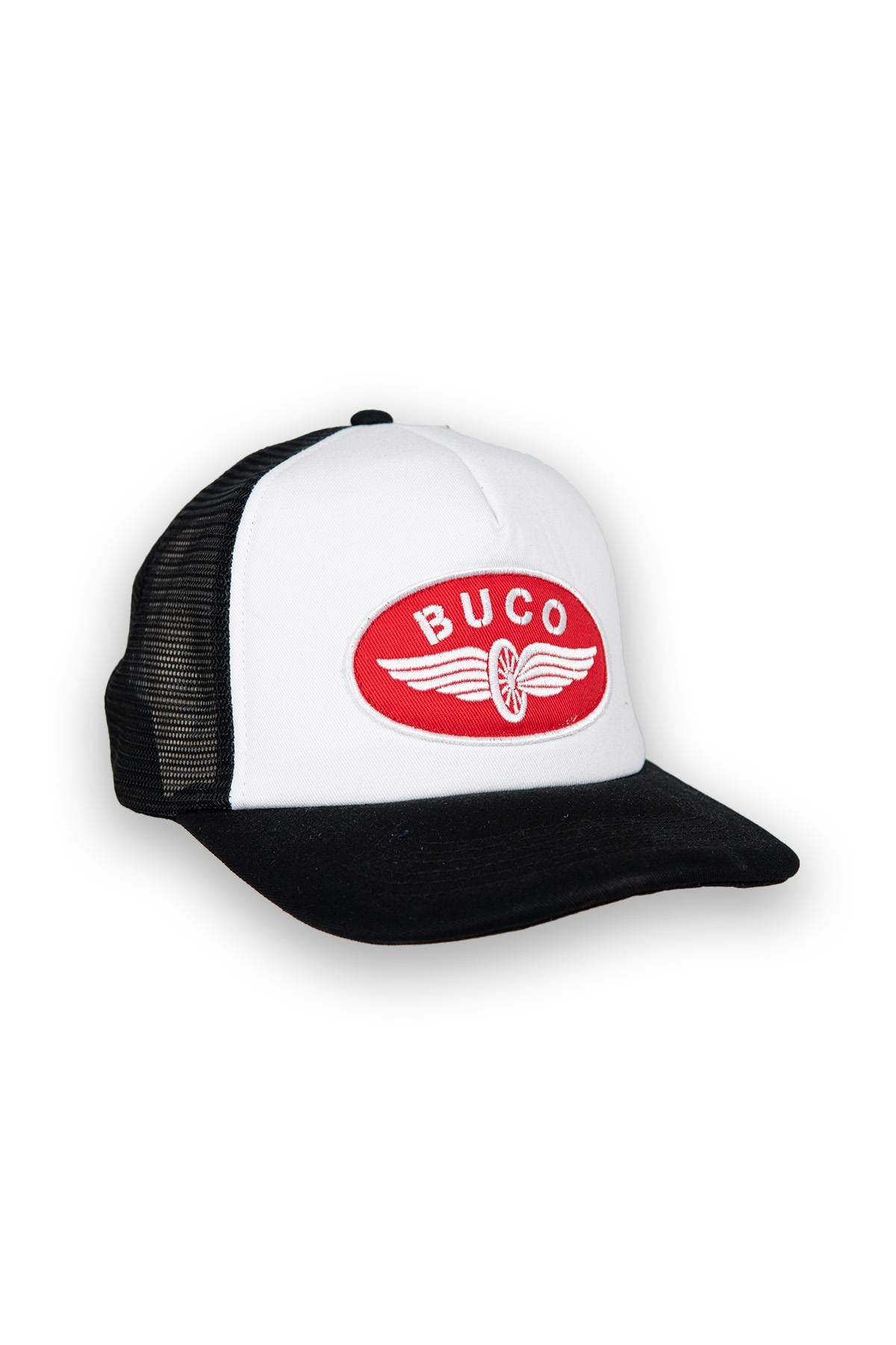 White and black trucker cap with red and white winged wheel logo - Image n°1