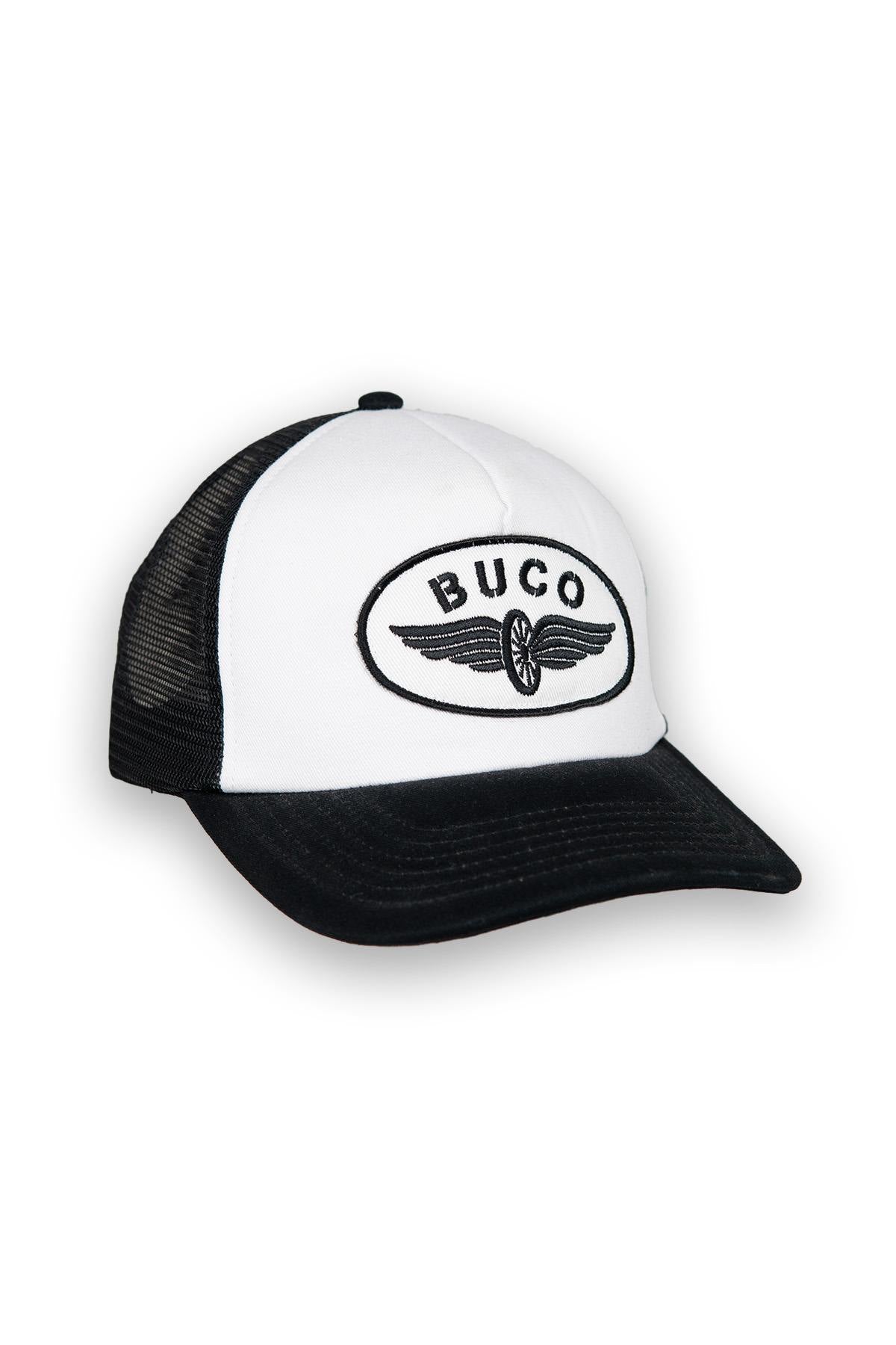 White and black trucker cap with white and black winged wheel logo - Image n°1