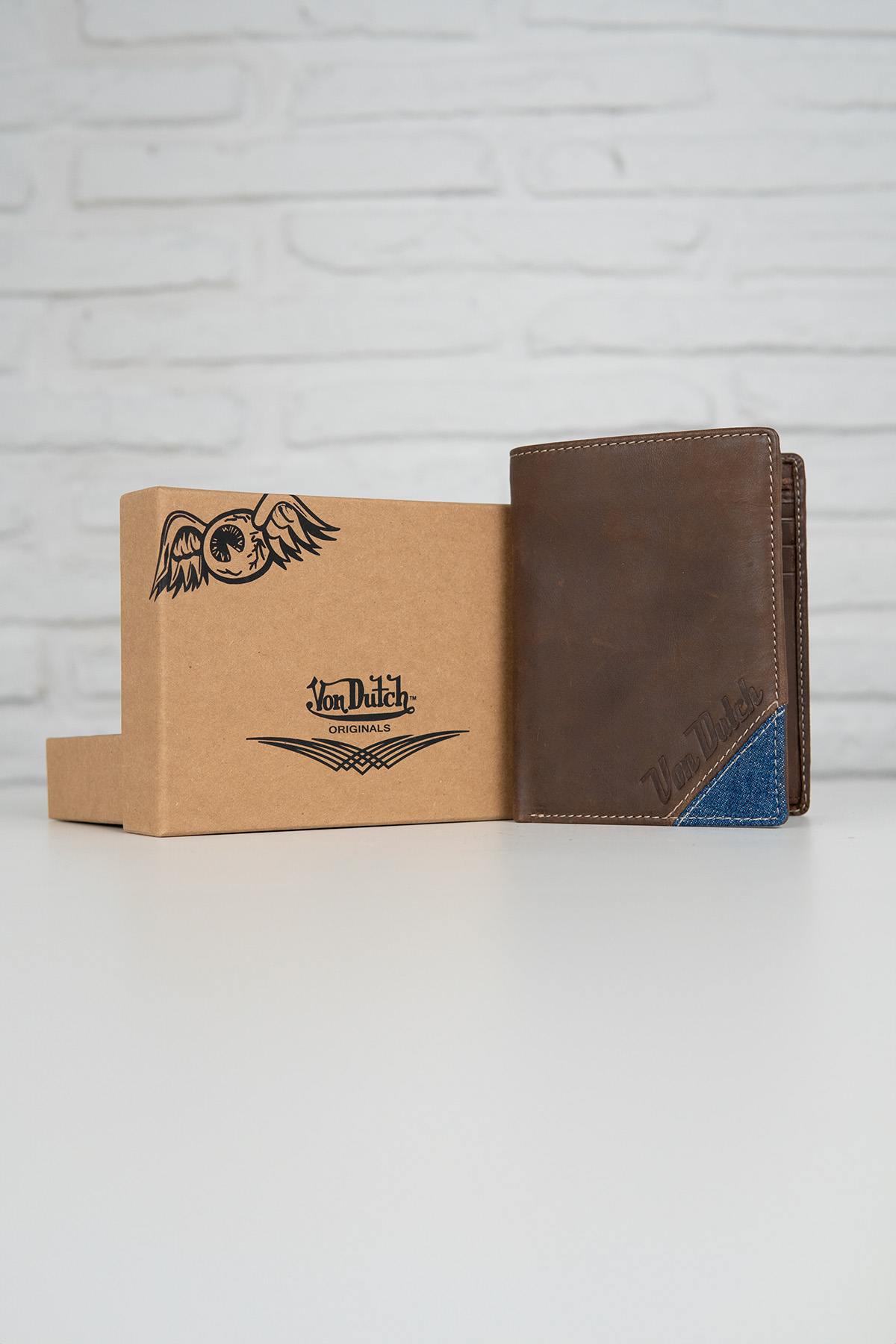 Brown leather wallet with denim corner - Image n°1