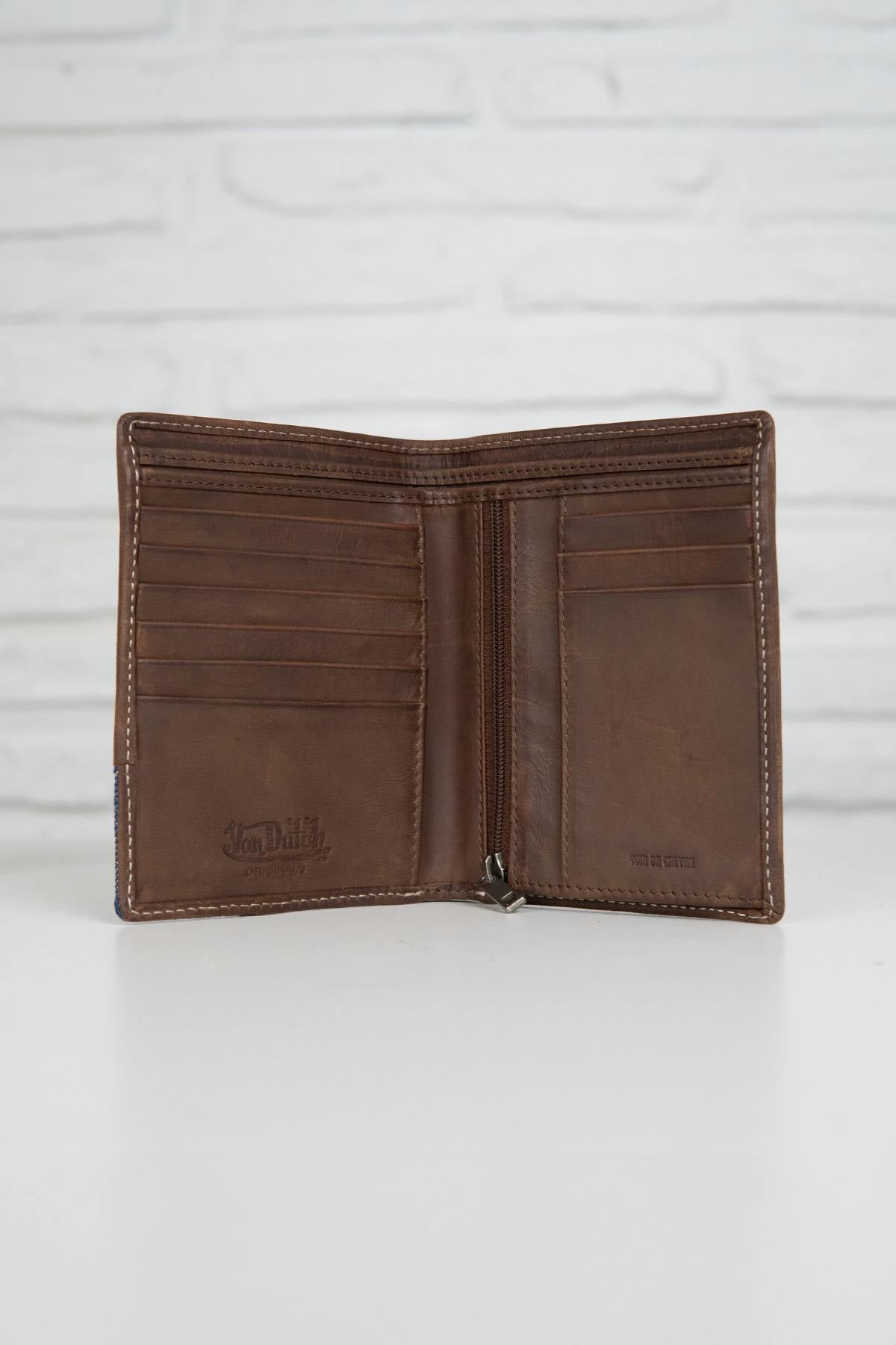 Brown leather wallet with denim corner - Image n°2