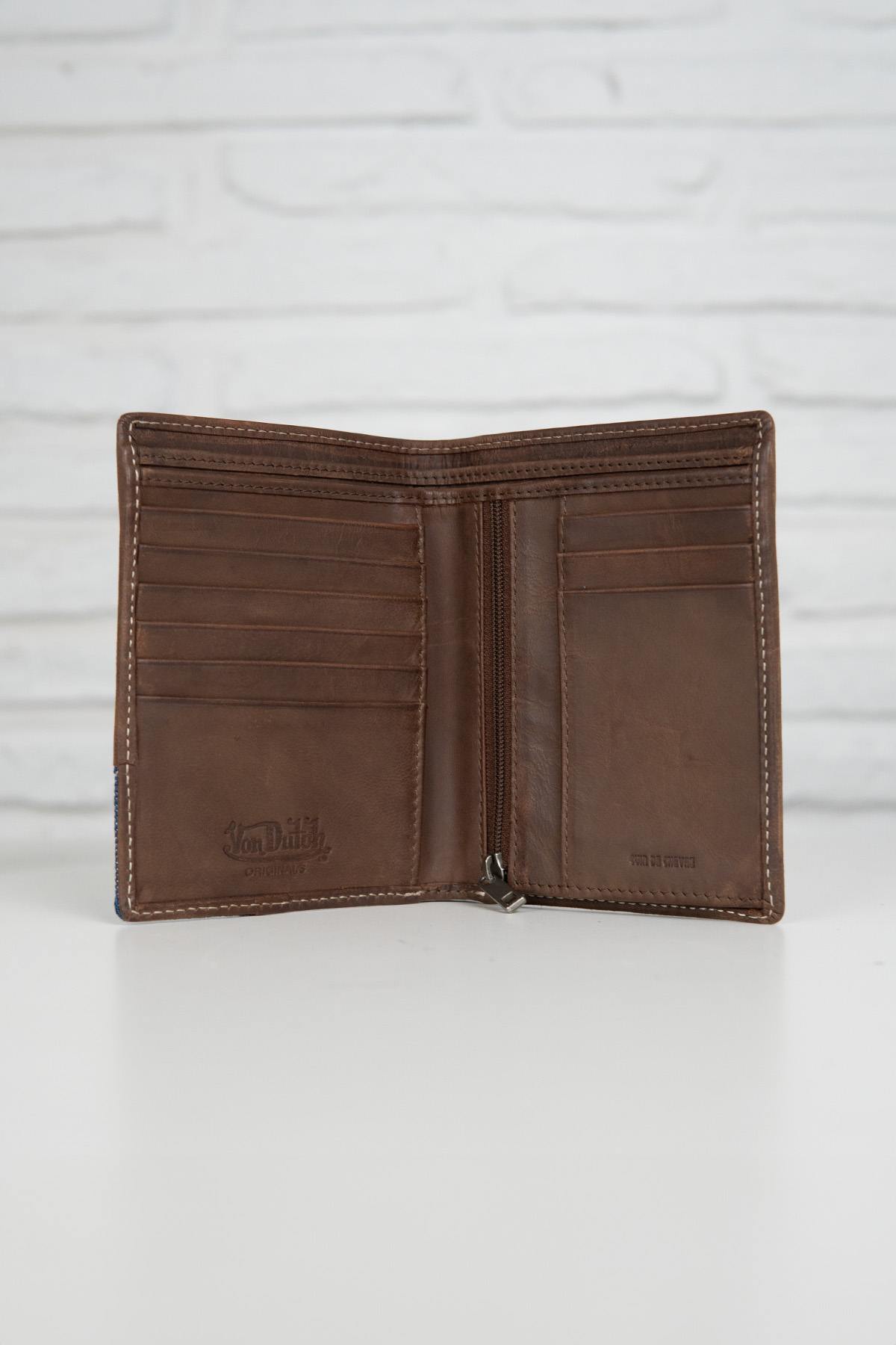 Brown leather wallet with denim corner - Image n°2