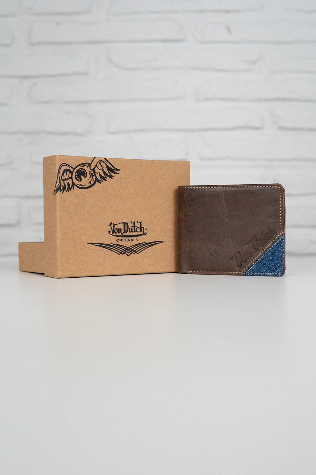 Brown leather wallet with denim corner - Image n°1