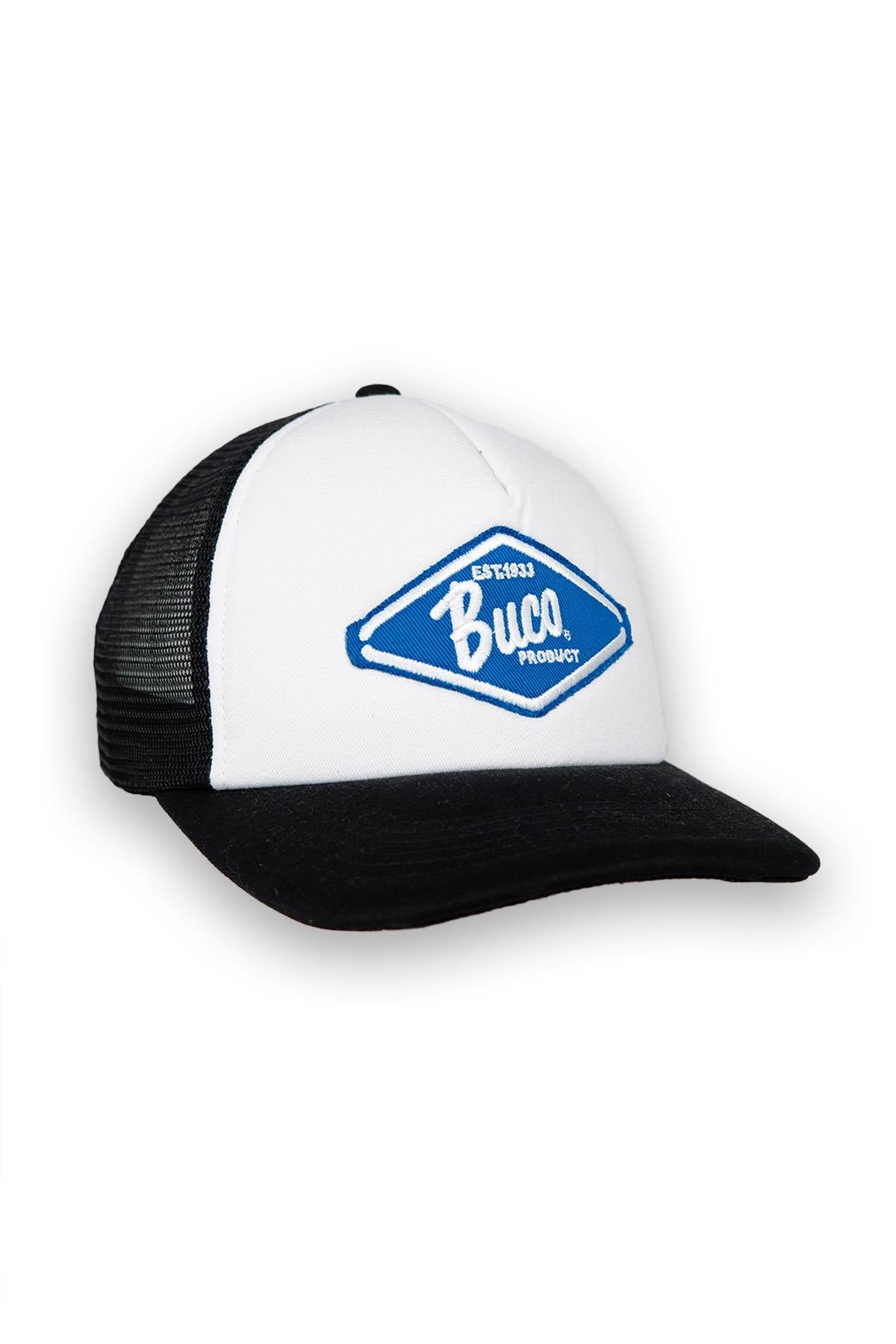 White and black trucker cap with blue and white diamond logo - Image n°1