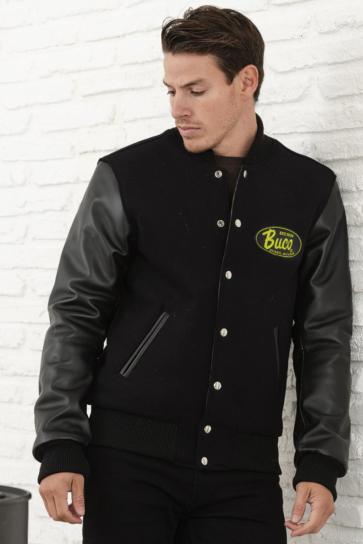 Black Teddy jacket with yellow logo - Image n°1