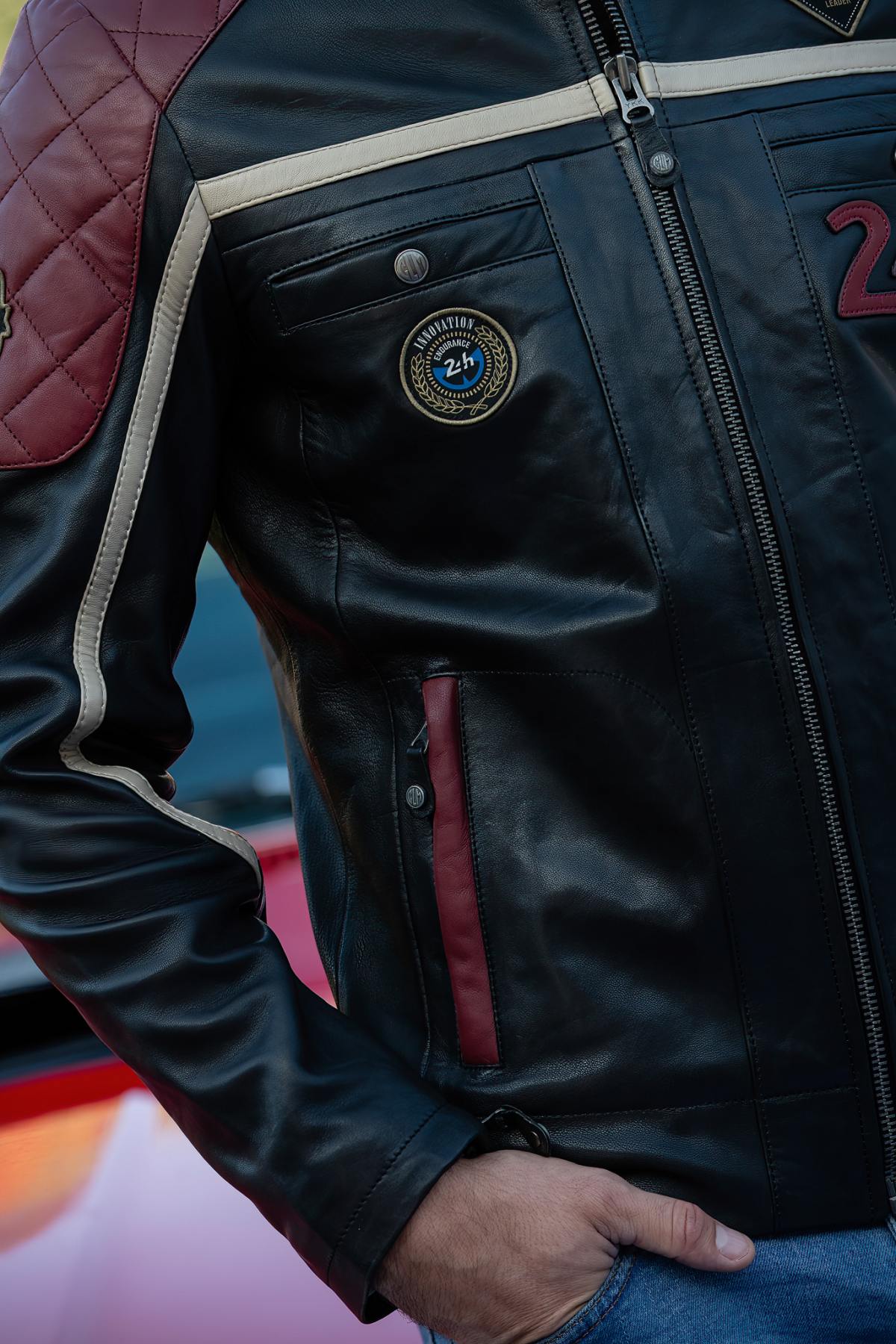 Black leather jacket with red inserts and quilted shoulders - Image n°14