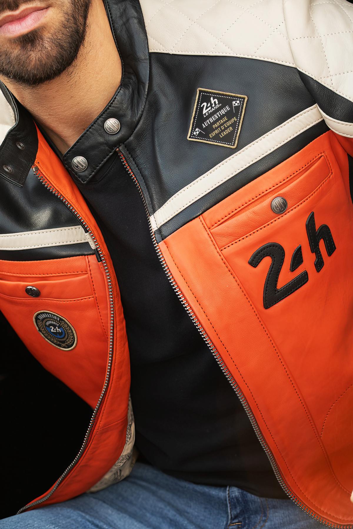 Orange, black and ecru racing leather jacket - Image n°4