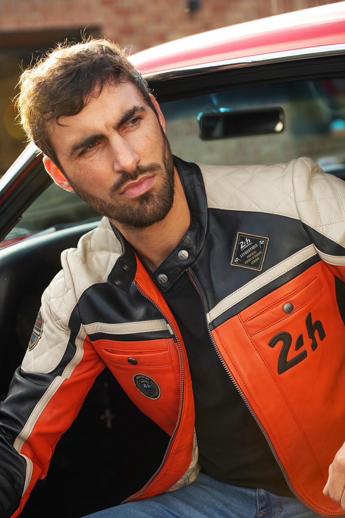 Orange, black and ecru racing leather jacket - Image n°2