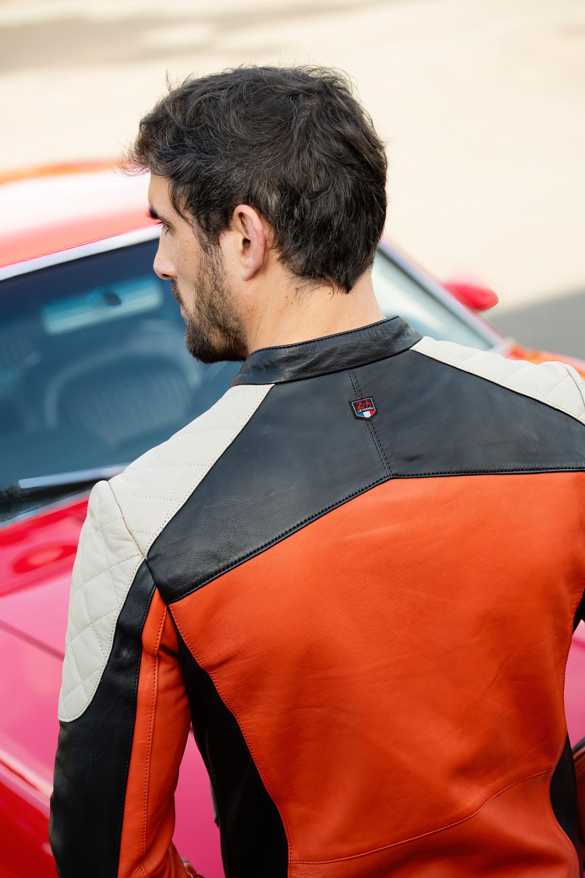 Orange, black and ecru racing leather jacket - Image n°6