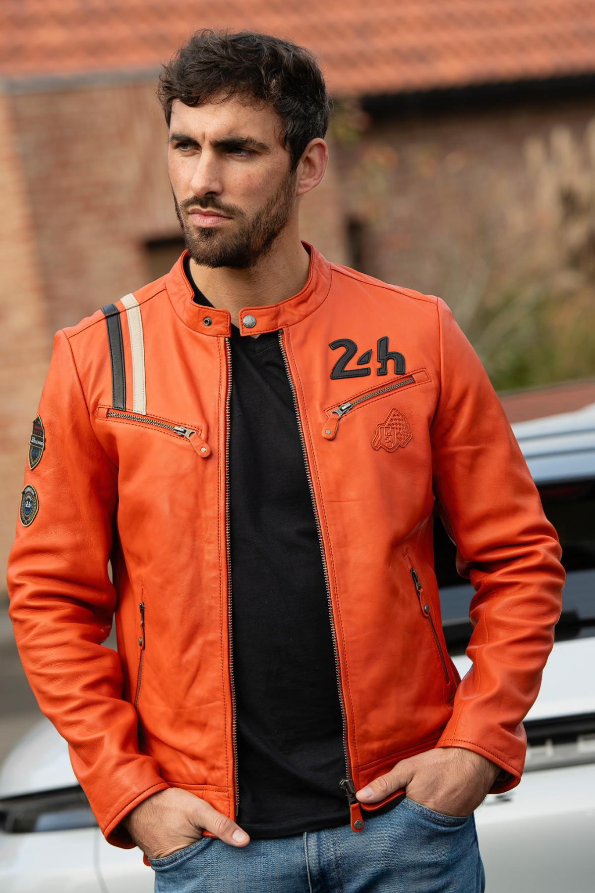 24h Le Mans orange leather racing jacket - Image n°1