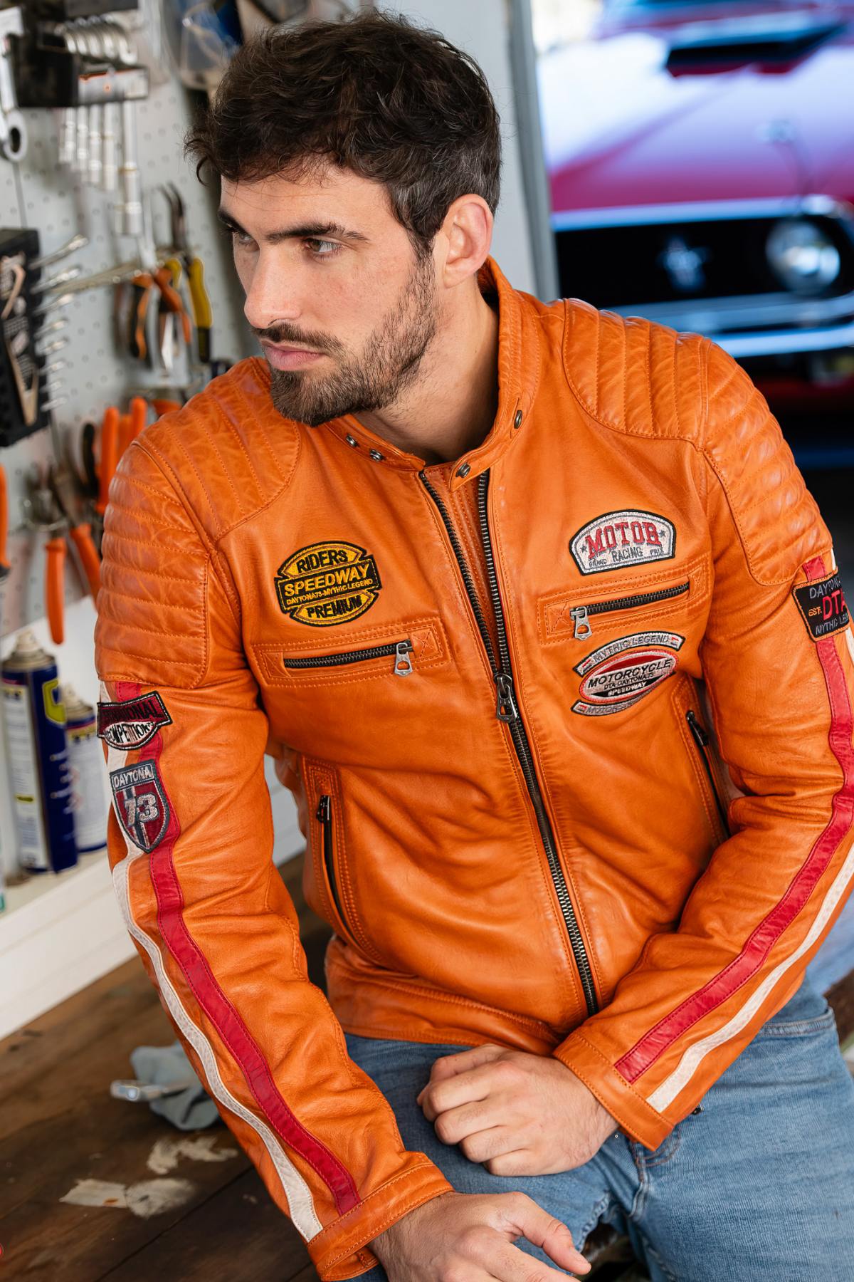 Vintage orange racing leather jacket - Image n°7