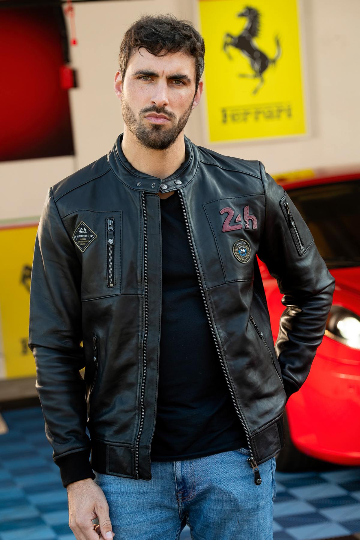 Black leather jacket with biker collar 24h Le Mans - Image n°1