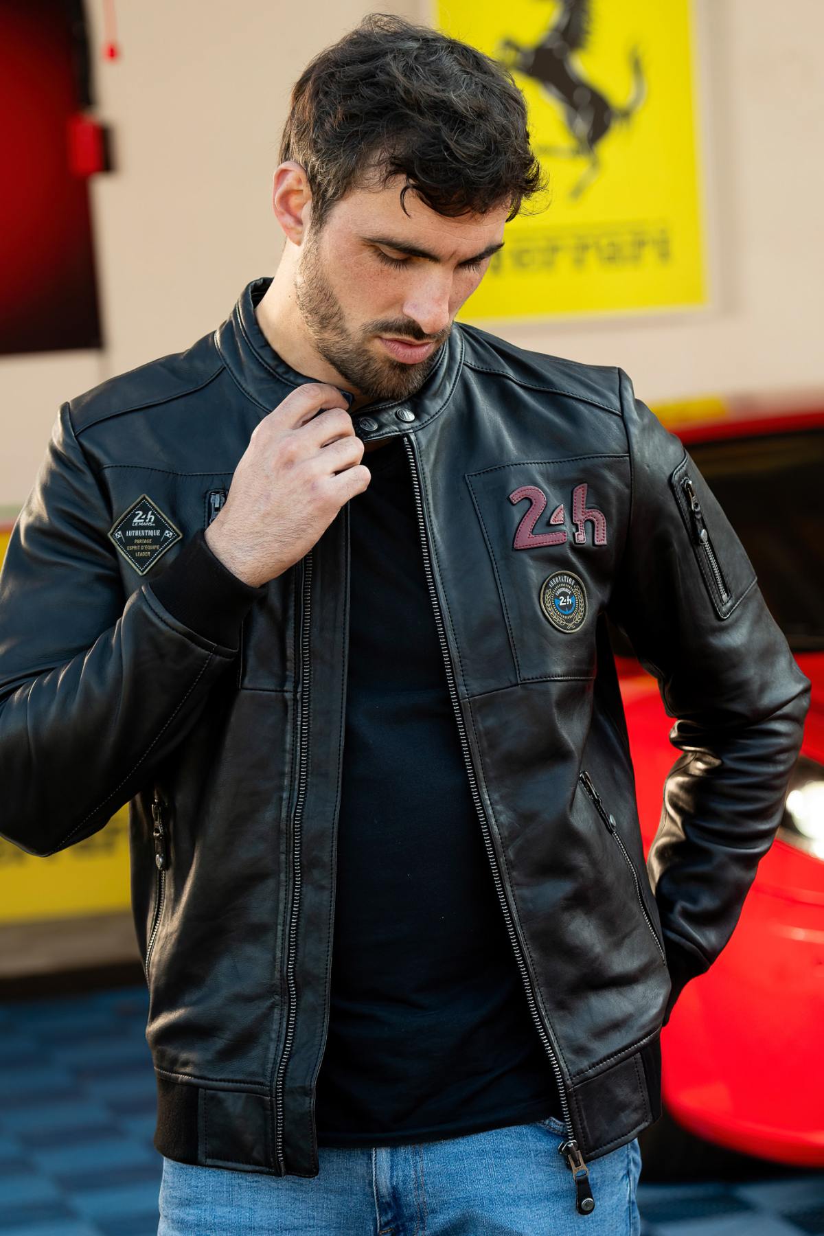 Black leather jacket with biker collar 24h Le Mans - Image n°5