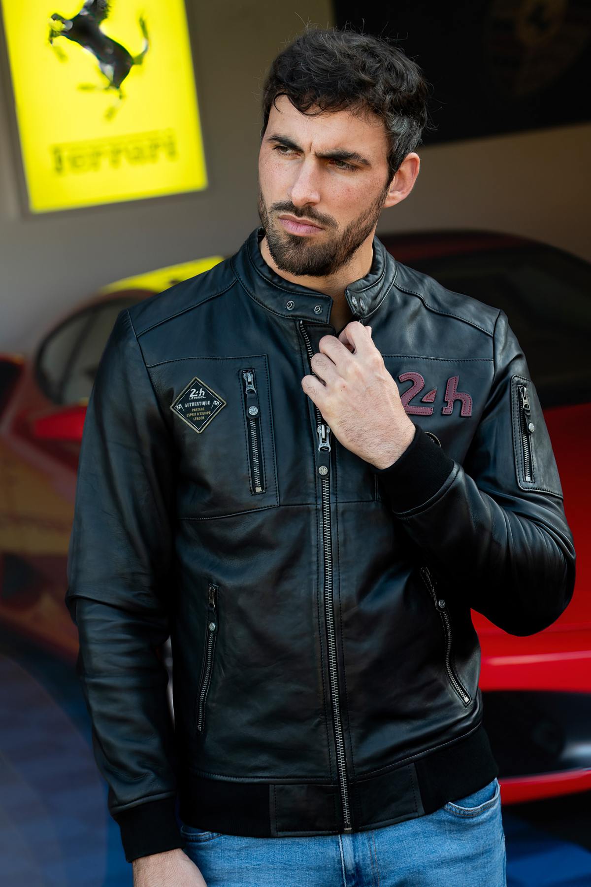 Black leather jacket with biker collar 24h Le Mans - Image n°2