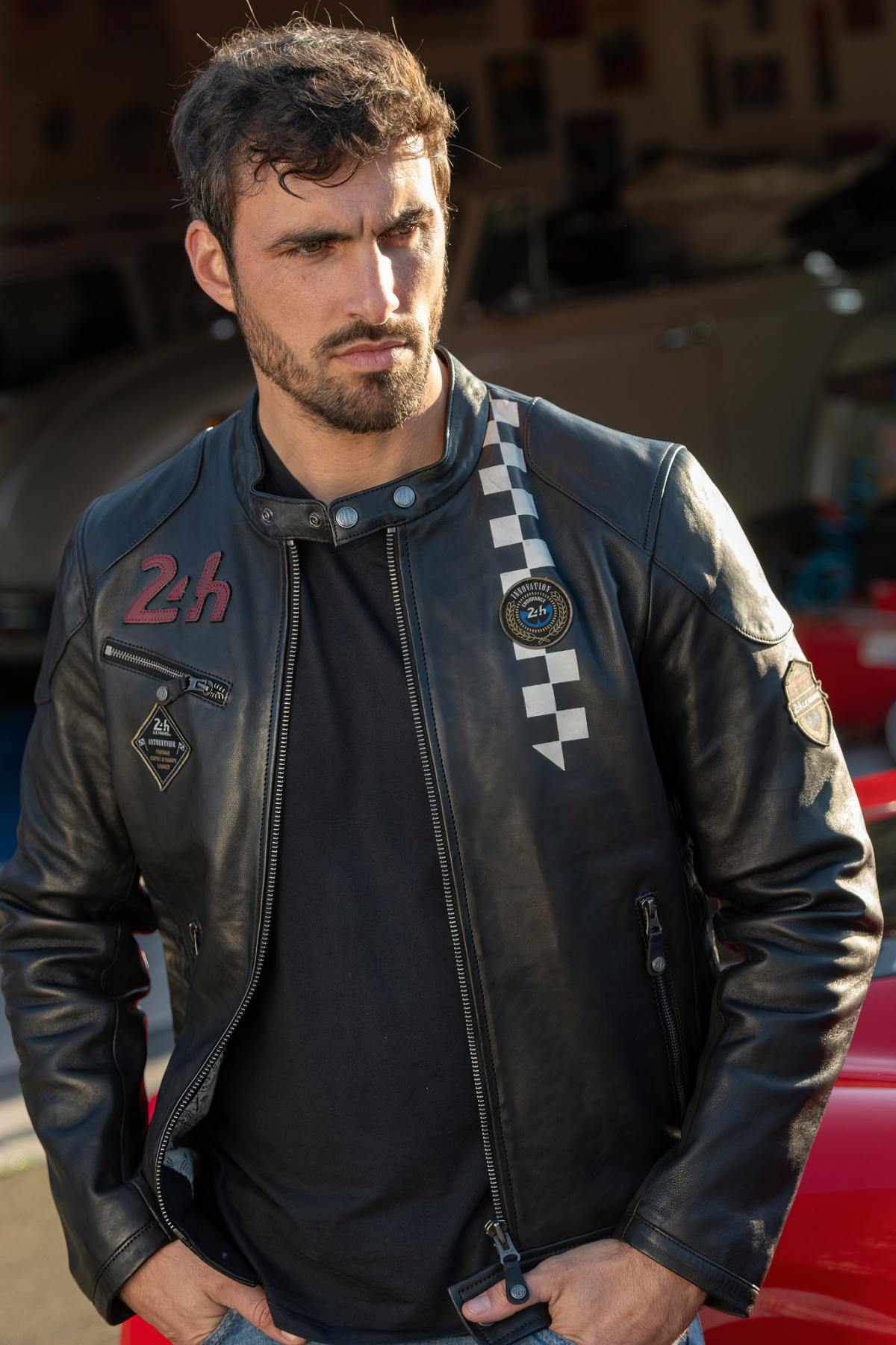 Black leather jacket with racing stripe - Image n°1