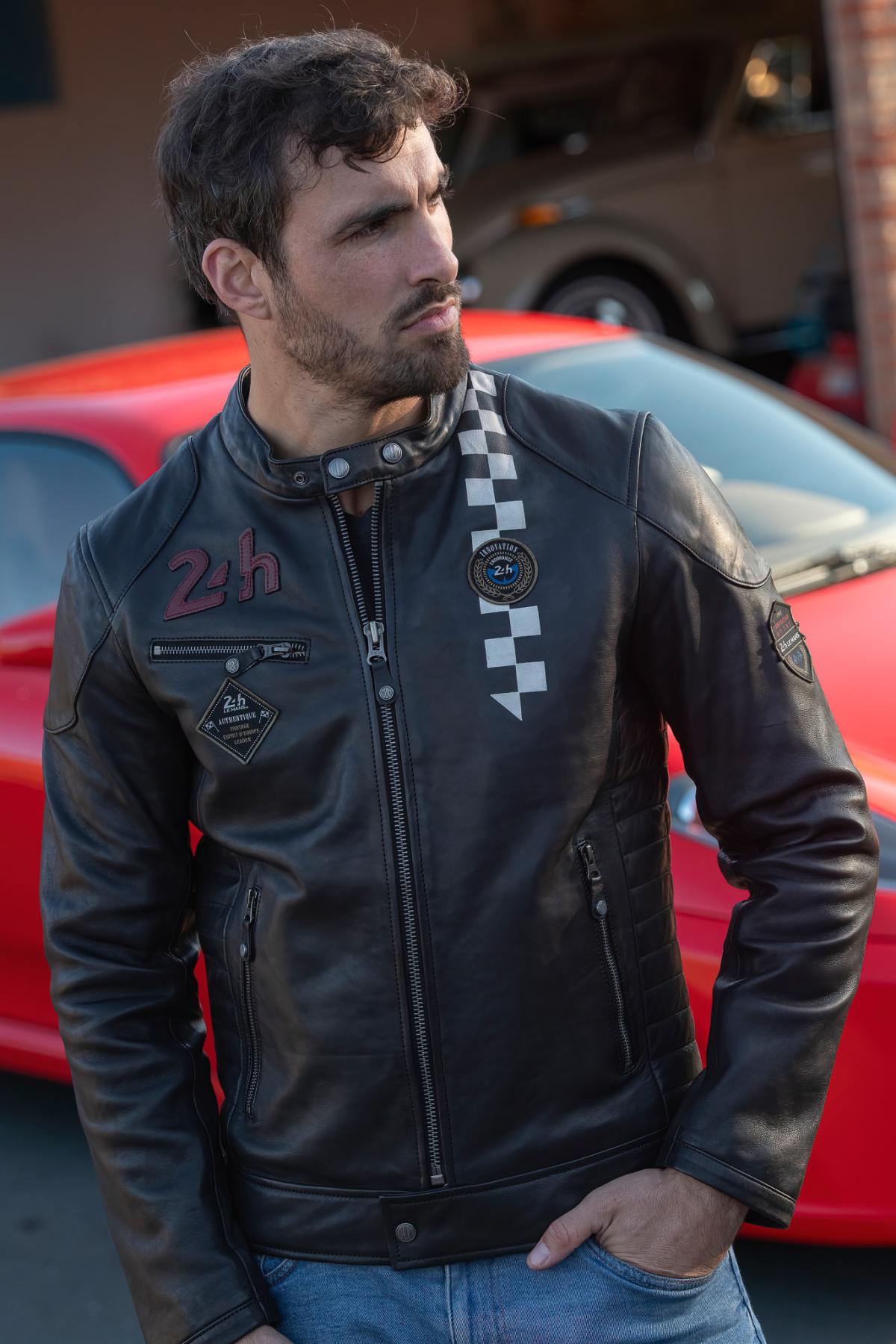 Black leather jacket with racing stripe - Image n°3