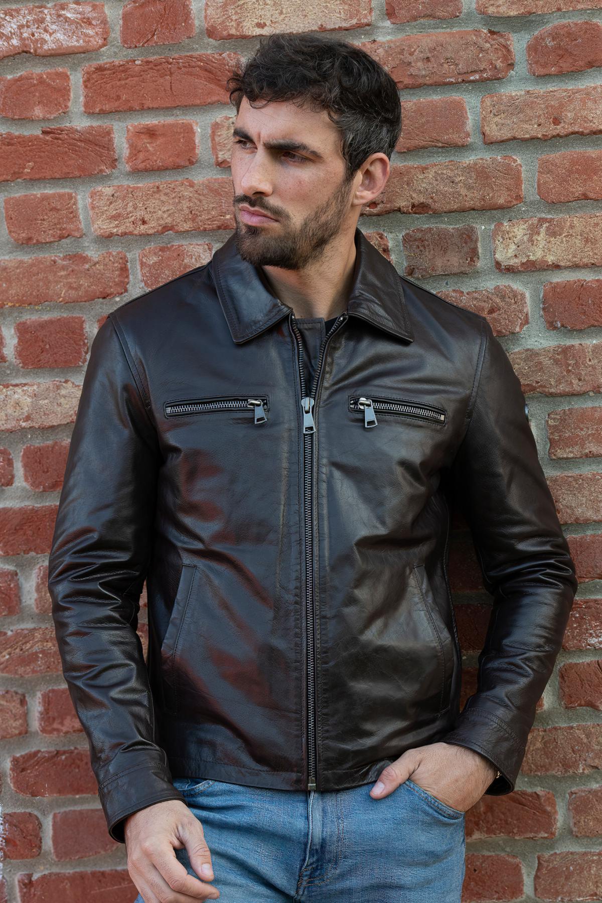 Dark brown buffalo leather shirt collar jacket - Image n°1