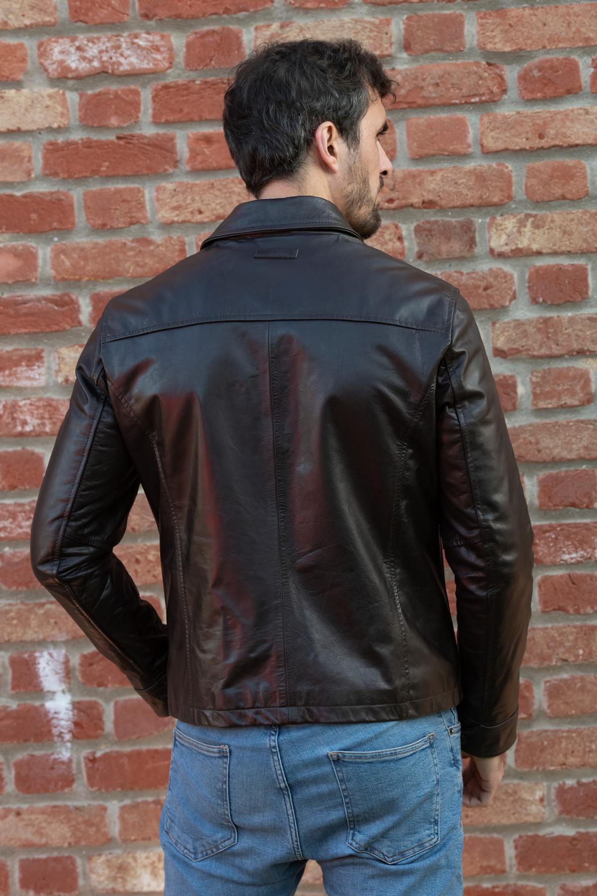 Dark brown buffalo leather shirt collar jacket - Image n°2