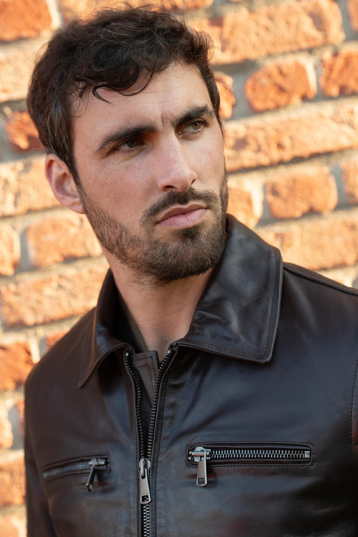 Dark brown buffalo leather shirt collar jacket - Image n°6