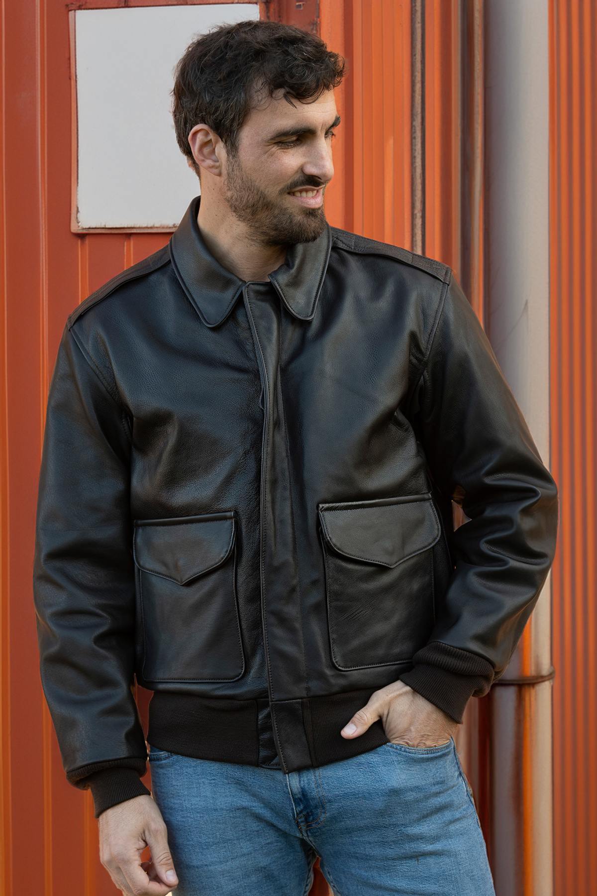 Leather bomber jacket with shirt collar made in the USA - Image n°7