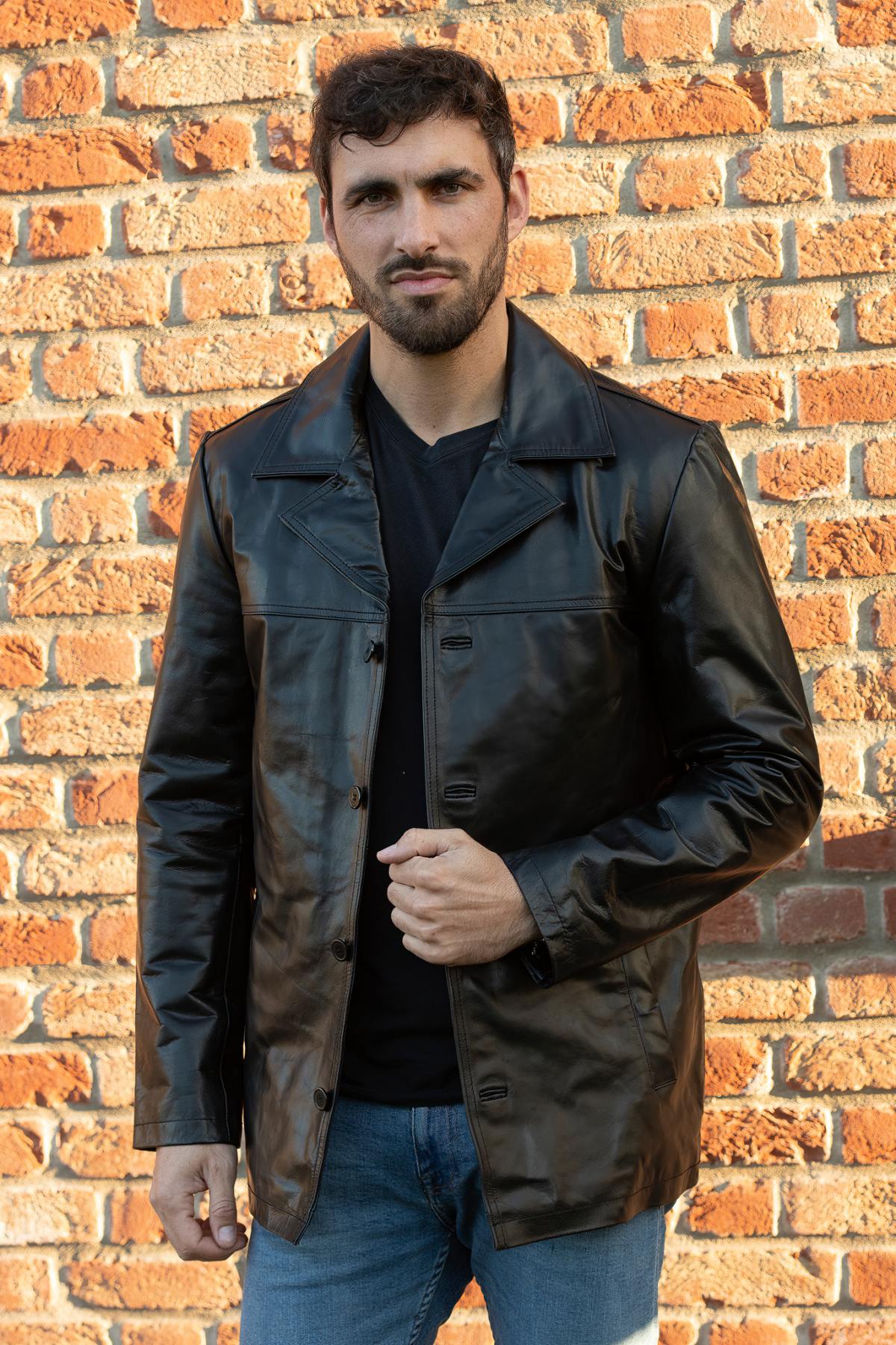 Men's Black Leather Mid-Length Jacket - Image n°3