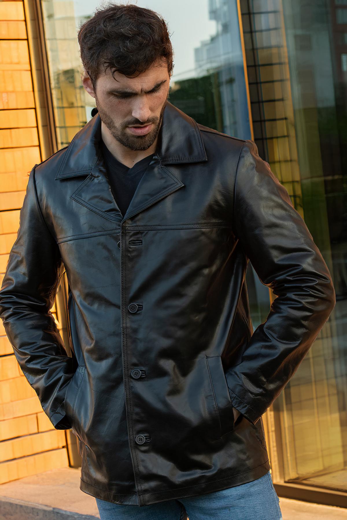 Men's Black Leather Mid-Length Jacket - Image n°1